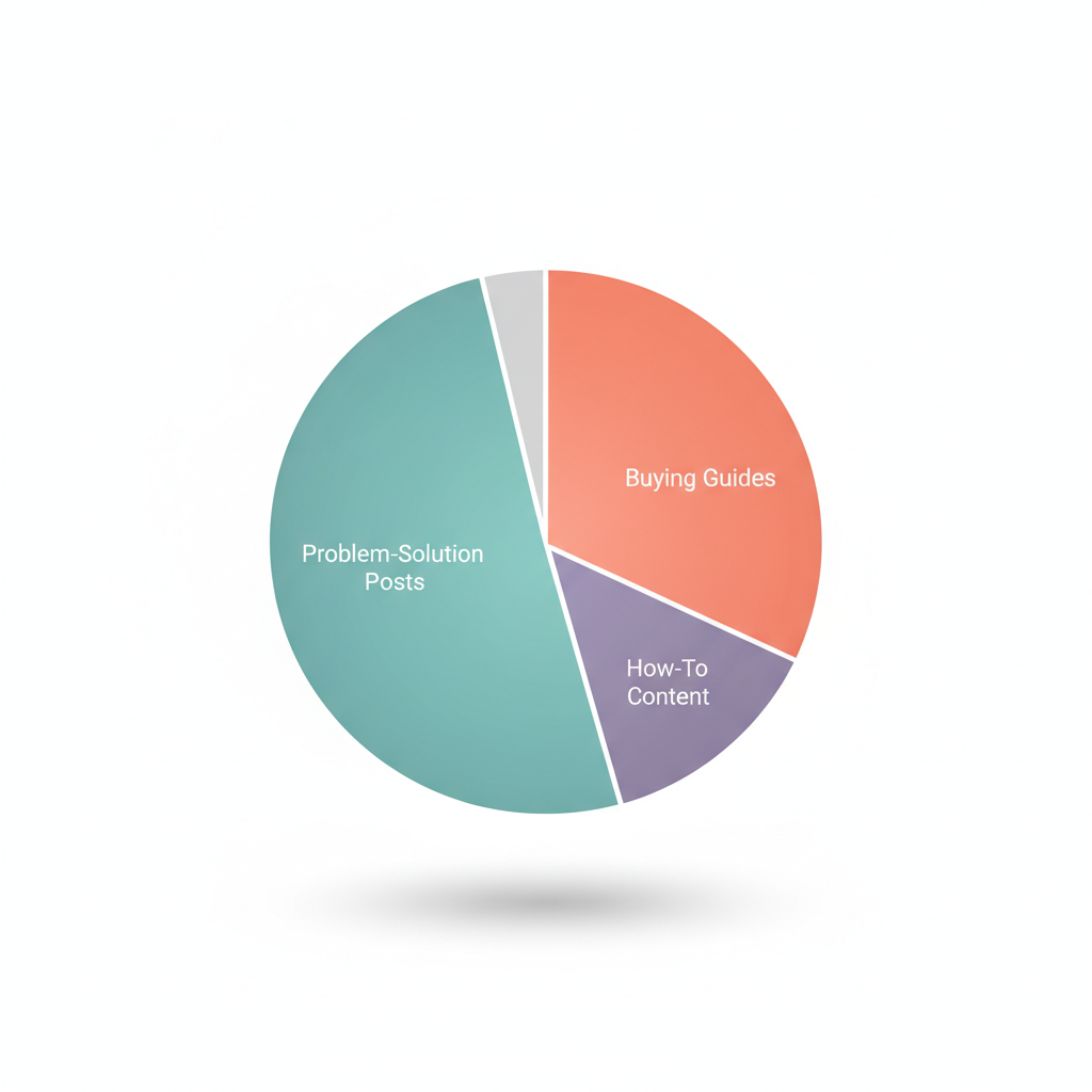 Chart: A pie chart showing the ideal content mix for e-commerce blogs: 60% problem-solution posts, 20% buying guides and comparisons, 10% how-to content, 10% seasonal and trend content, using a modern color palette for E-commerce Blogging: Your Secret Weapon for Organic Sales