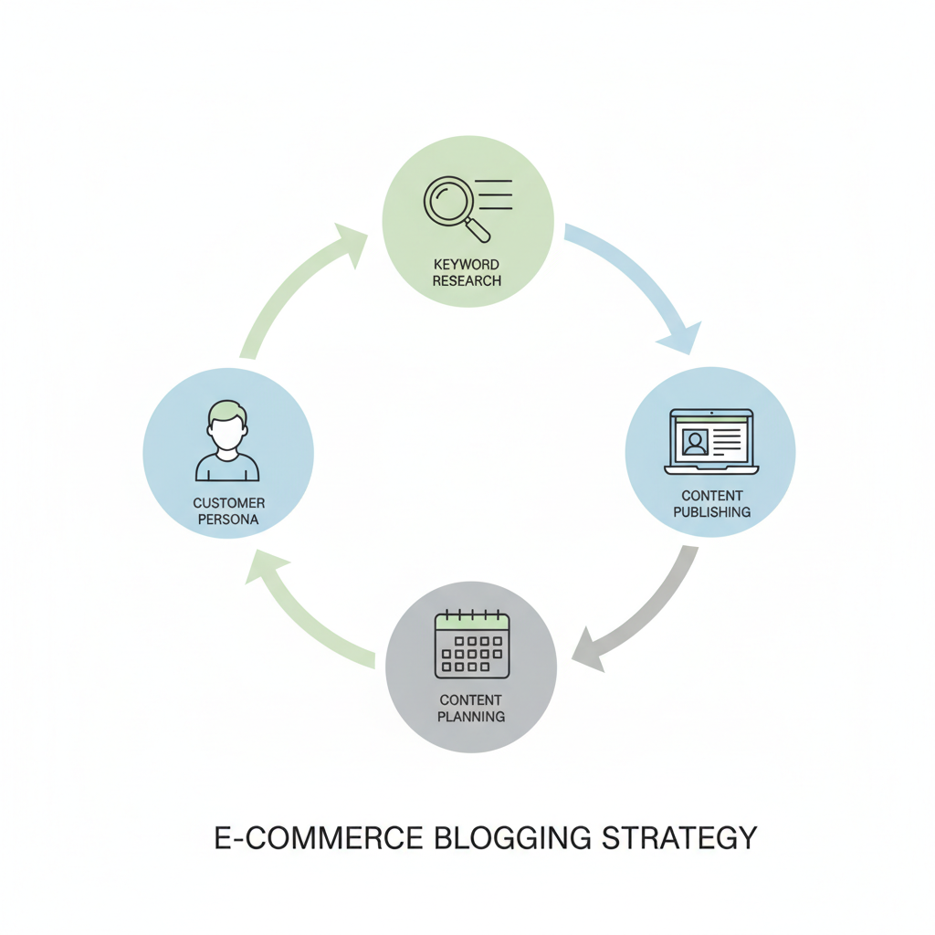 Chart: A flowchart diagram showing the e-commerce blog strategy process from customer journey mapping through keyword research, content calendar creation, publishing, and optimization cycle, with icons representing each step for E-commerce Blogging: Your Secret Weapon for Organic Sales