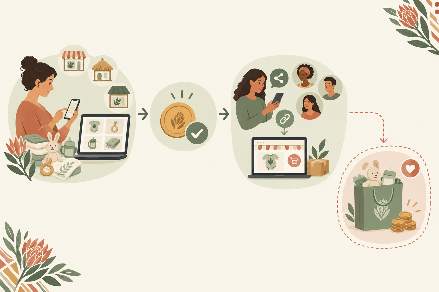 Diagram: Flow diagram showing how a bababloom registry works: parent builds a free registry from local stores, pays R199 once to share, guests click through to buy directly from the retailer, and optionally donate a R500 Hatch Bag for Eco-Friendly Baby Products Made in South Africa: A Buyer's Guide