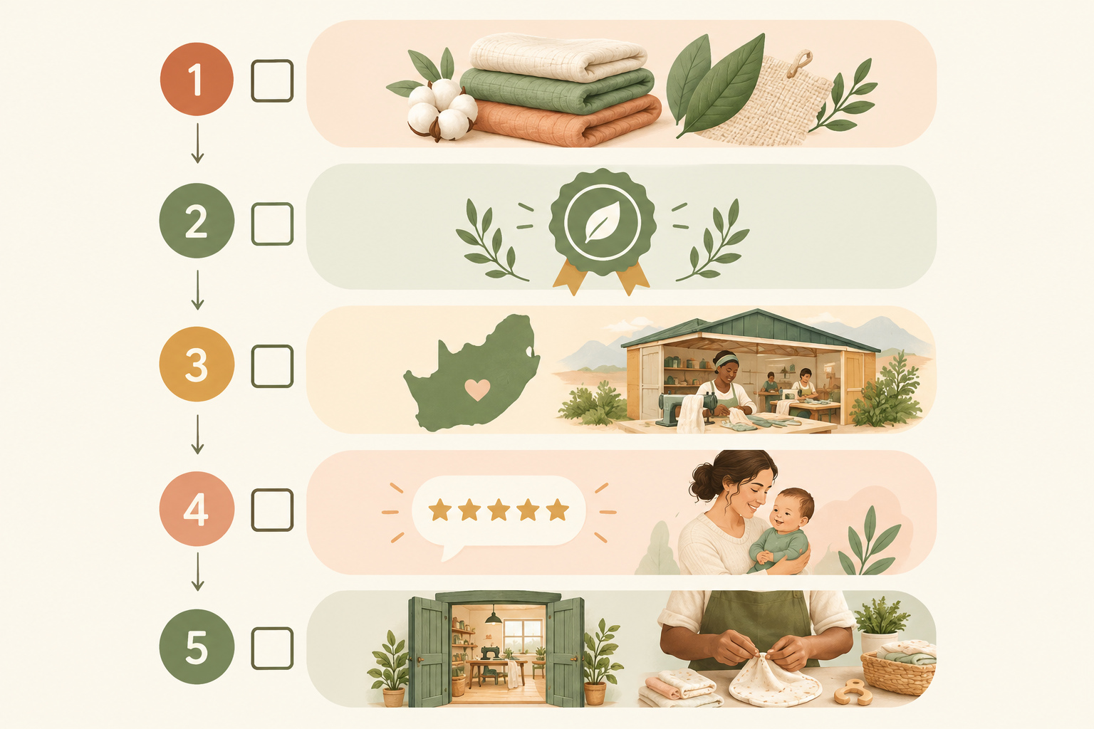 Diagram: Checklist-style diagram of five steps for vetting a sustainable baby brand: materials, certifications, production location, reviews, maker transparency, with friendly icons and a warm colour palette for Eco-Friendly Baby Products Made in South Africa: A Buyer's Guide