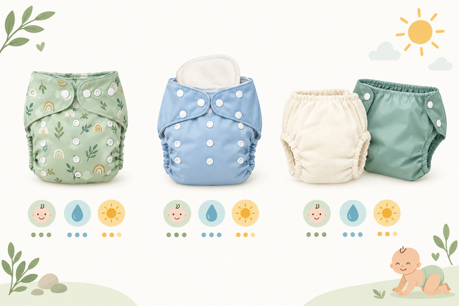 Infographic: Clean, friendly infographic showing the main types of modern reusable nappies (all-in-one, pocket, fitted with cover) with simple labels for ease of use, drying time and best-for scenarios, soft pastel colours for Eco-Friendly Baby Products Made in South Africa: A Buyer's Guide