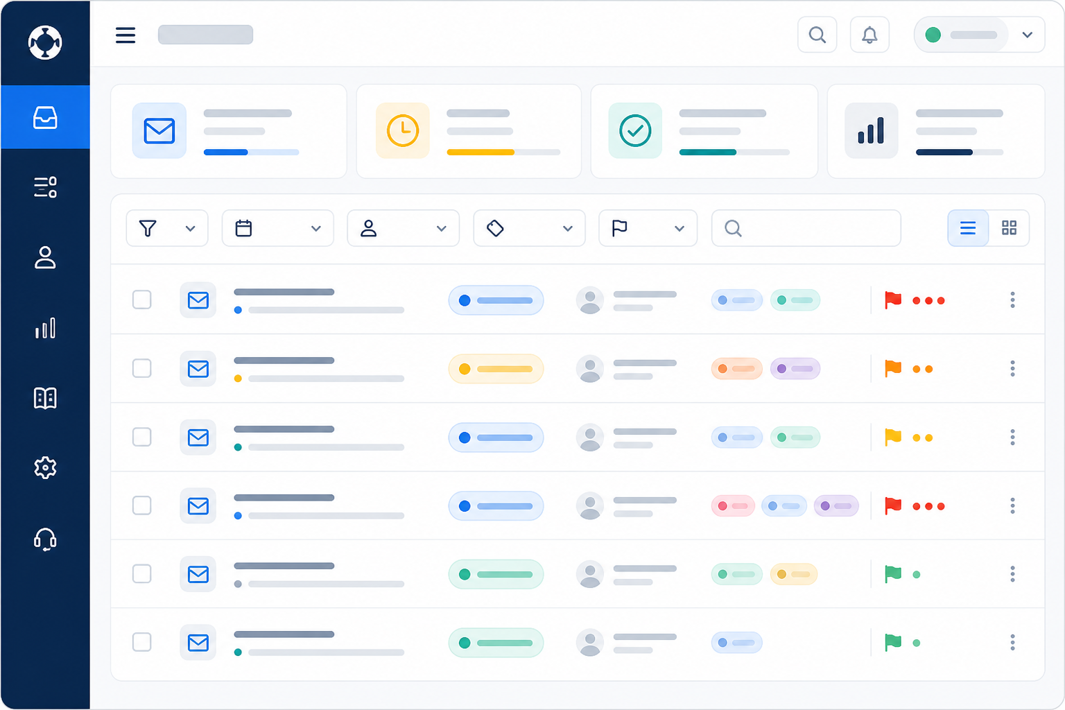 Illustration: style mockup of a help desk dashboard showing a ticket queue with tags, status filters, and priority indicators, flat SaaS UI style in blue and white for Email Ticketing 101: A Beginner's Guide for SaaS Startups