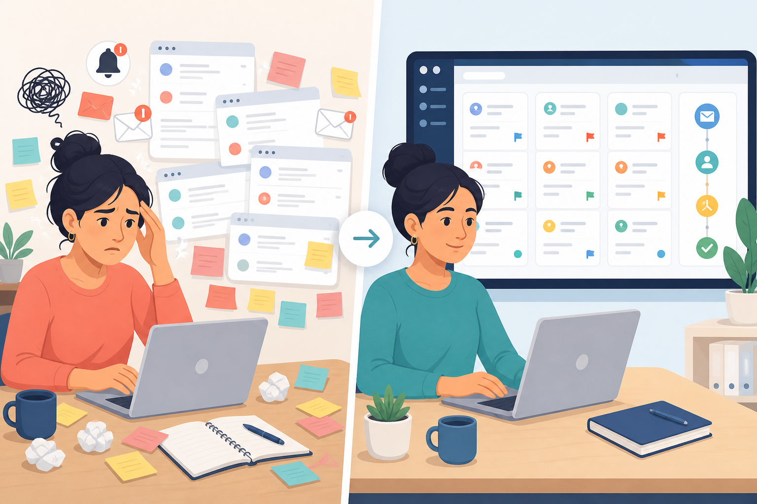 Illustration: Flat illustration of a founder looking overwhelmed at multiple sticky notes and email tabs, contrasted with a calm organised ticket dashboard on another screen for Email Ticketing 101: A Beginner's Guide for SaaS Startups