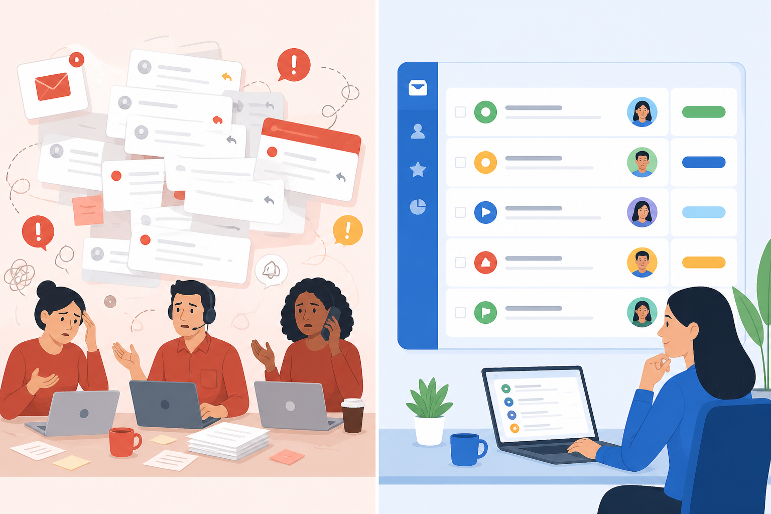 Comparison: Side-by-side comparison illustration: left side shows a chaotic Gmail inbox with overlapping replies and confused team members, right side shows an organised shared inbox interface with clear ticket assignments for Email Ticketing 101: A Beginner's Guide for SaaS Startups