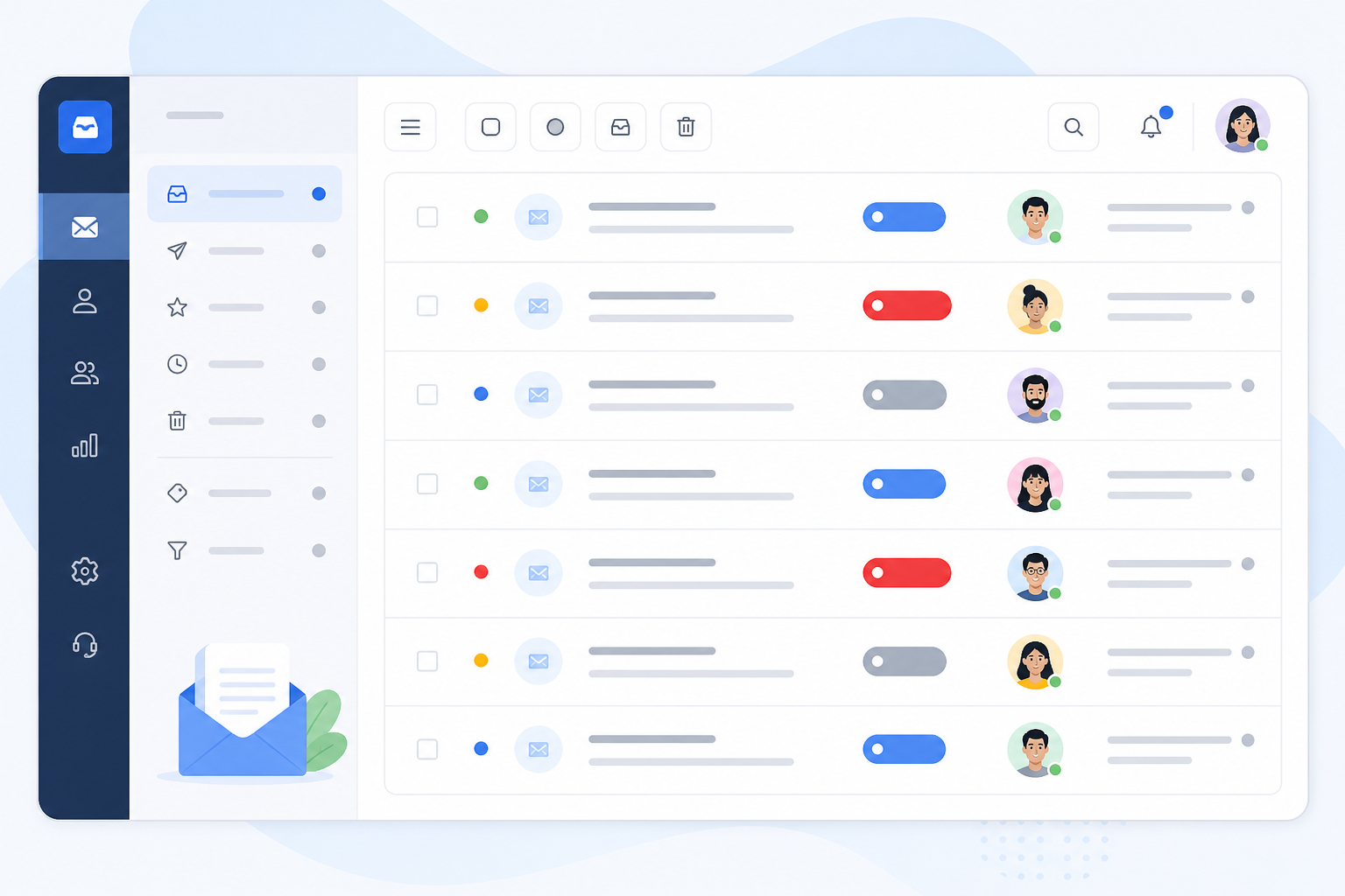 Illustration: style mockup of a help desk dashboard showing color-coded tags like 'billing,' 'bug report,' and 'general' attached to a list of email tickets, with agent avatars next to each for Email Ticketing Explained: A Guide for Small Support Teams