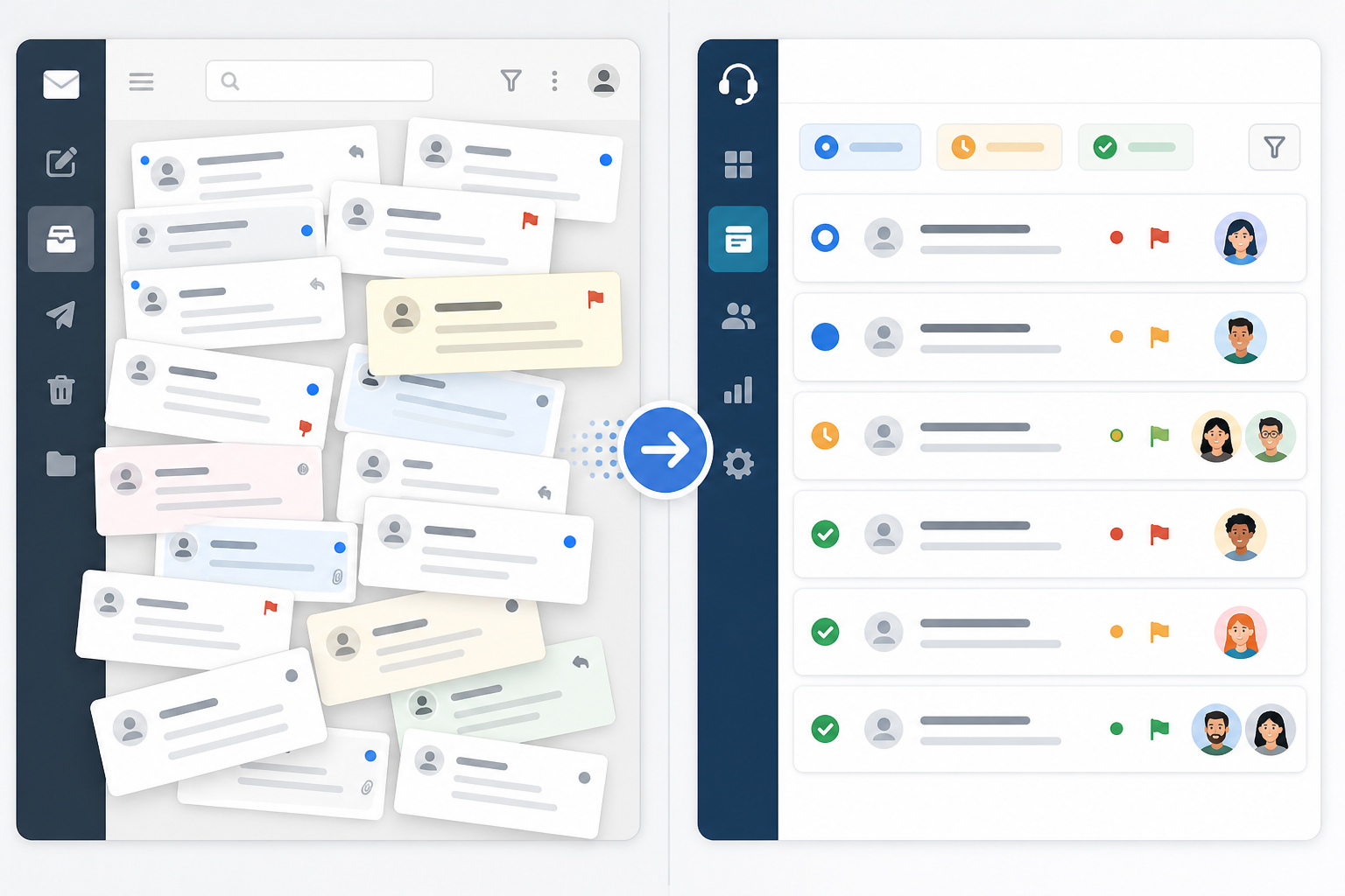 Comparison: Simple side-by-side comparison graphic: a messy shared inbox screen with overlapping emails and no labels, versus an organised ticket view with status badges (open, pending, closed) and assigned avatars for Email Ticketing Explained: A Guide for Small Support Teams