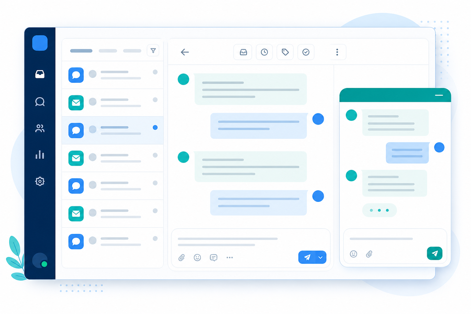 Illustration: A unified inbox dashboard mockup showing both a live chat conversation bubble and an email ticket thread displayed together in the same sidebar list, demonstrating one shared view for Email Ticketing Explained: A Guide for Small Support Teams