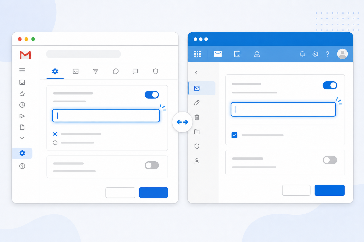 Illustration: Split-screen screenshot mockup showing Gmail forwarding settings on one side and Outlook forwarding settings on the other, both highlighting the 'add forwarding address' field for Email-to-Ticket Forwarding: A Beginner's Setup Guide