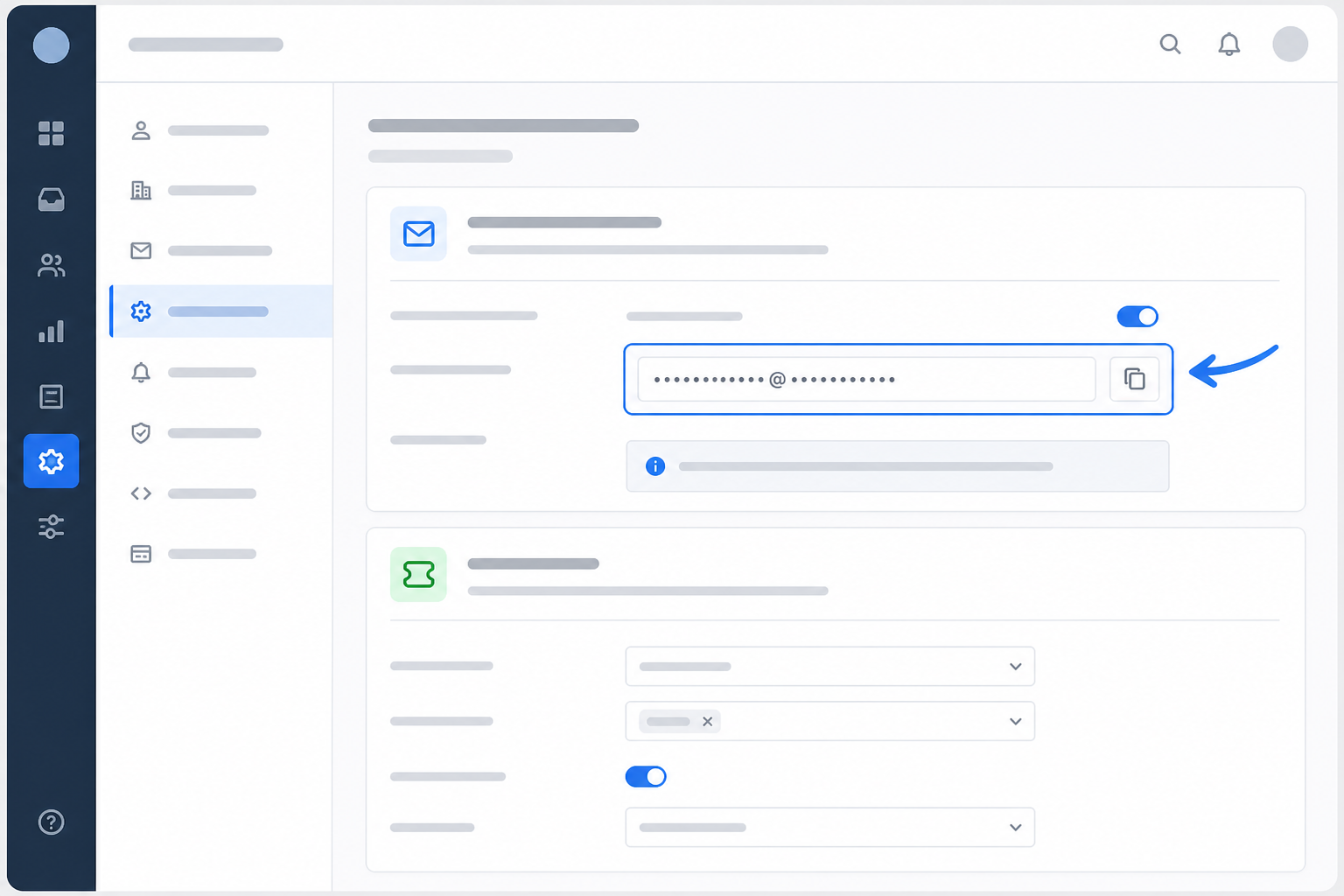 Illustration: style mockup of a help desk settings page highlighting where the unique email forwarding address is displayed, with an arrow pointing to the copy button for Email-to-Ticket Forwarding: A Beginner's Setup Guide