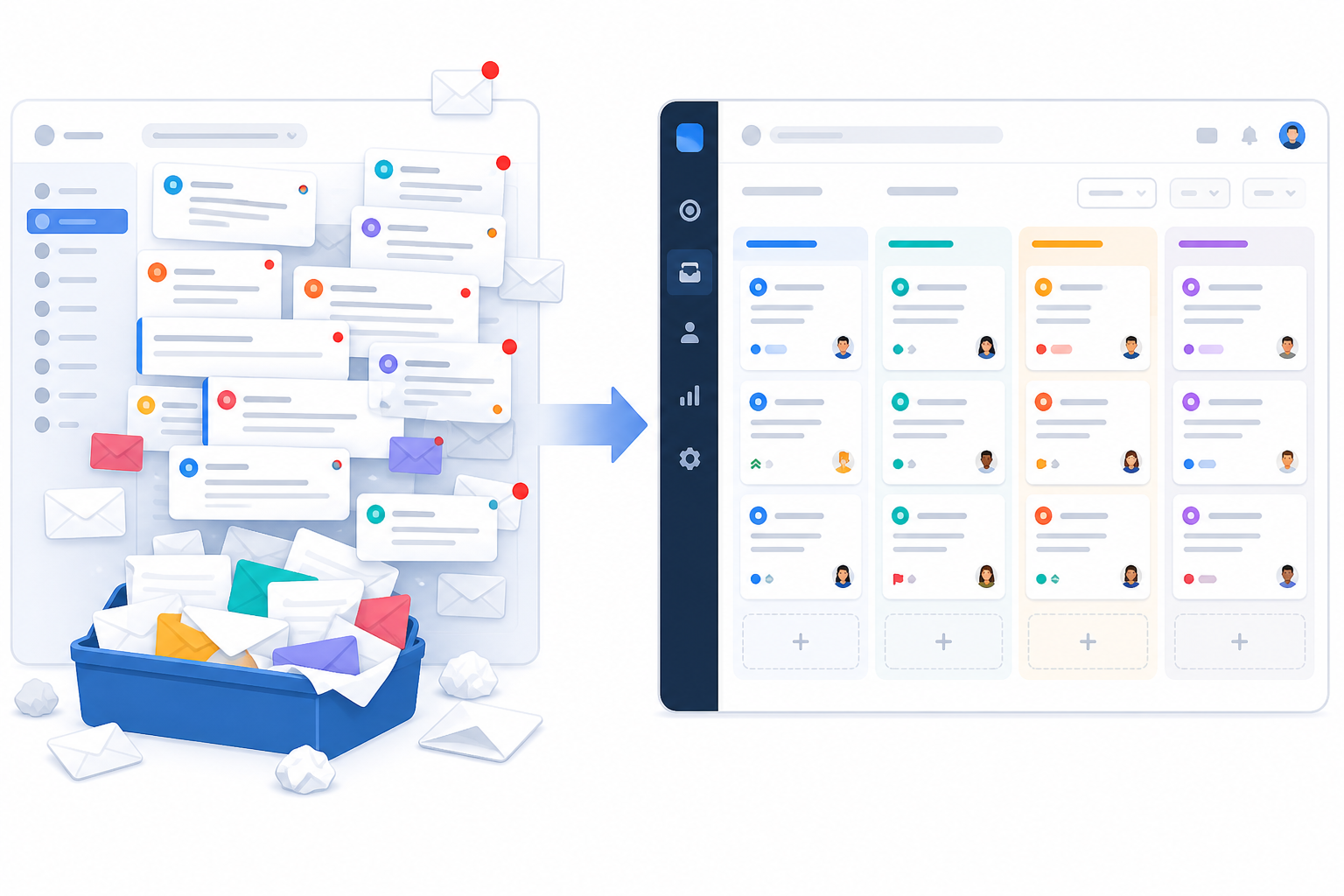 Diagram: Simple before-and-after diagram showing a cluttered shared Gmail inbox on the left versus an organized ticketing dashboard with tags and statuses on the right for Email-to-Ticket Forwarding: A Beginner's Setup Guide