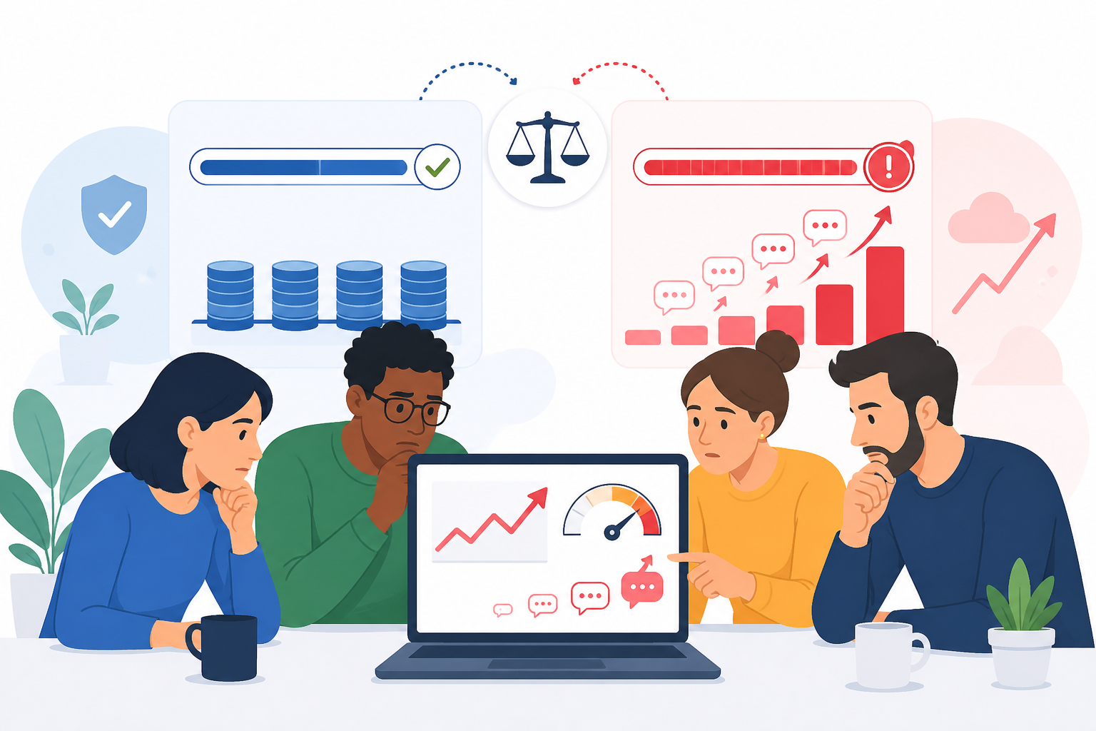Illustration: An illustration of a small support team looking worried at a laptop screen showing an unexpectedly high invoice with usage meters and conversation counters climbing upward, friendly flat-design illustration style for Flat-Rate vs. Usage-Based Billing for SaaS Support Tools