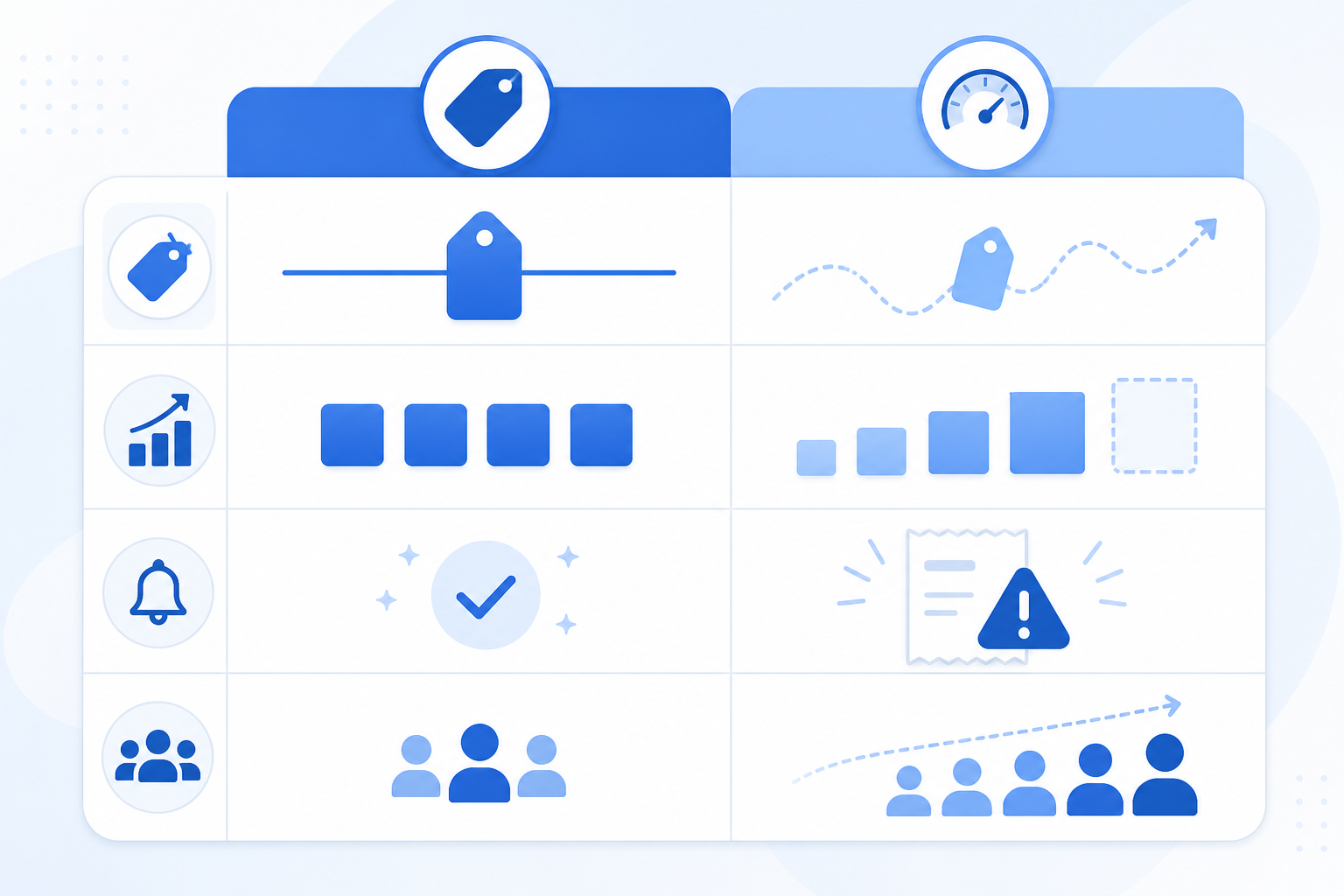 Comparison: A clean comparison table graphic contrasting flat-rate pricing and usage-based billing across categories like cost predictability, scalability, billing surprises, and best-fit team size, minimal SaaS design with blue and white color scheme for Flat-Rate vs. Usage-Based Billing for SaaS Support Tools