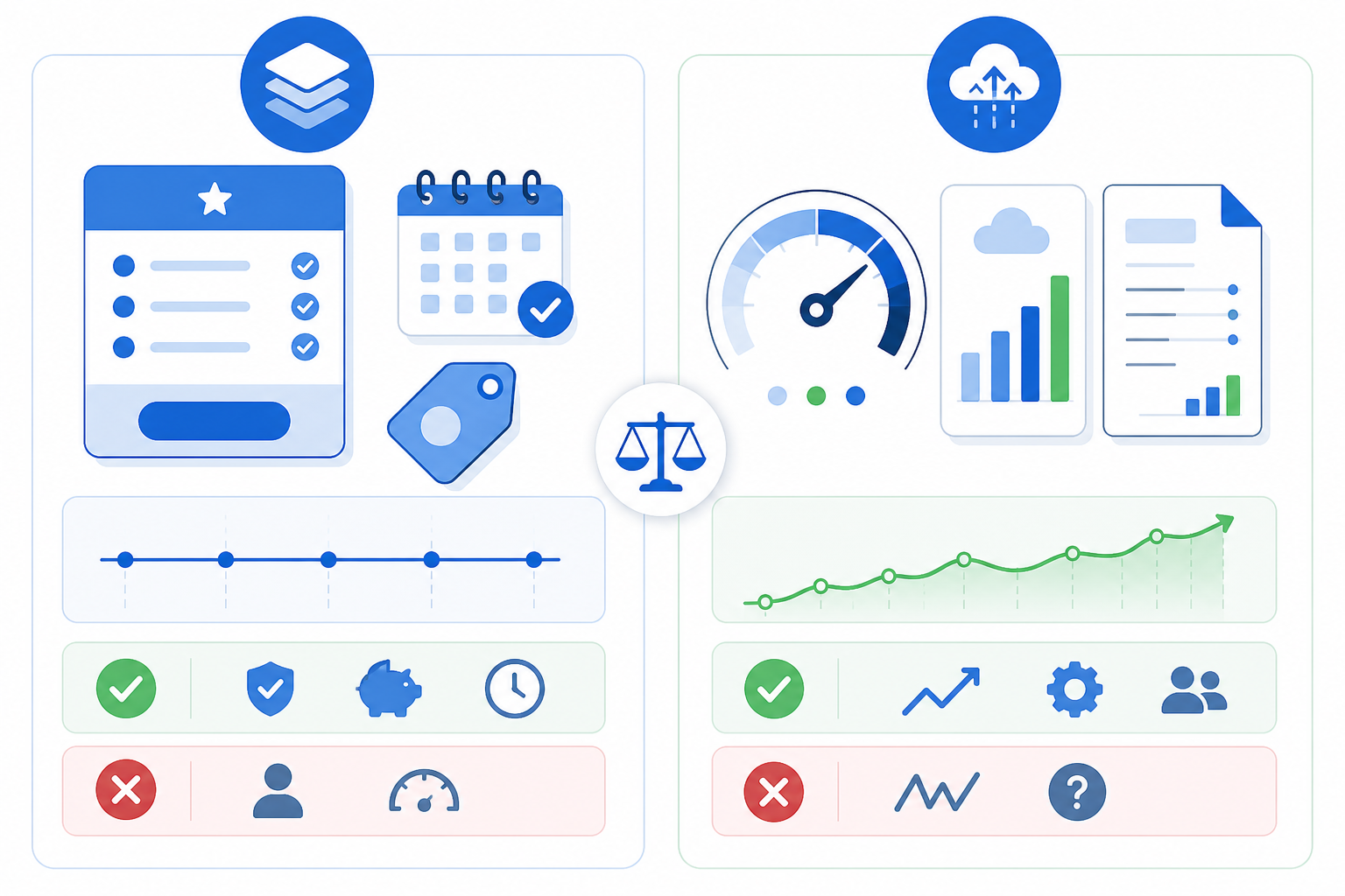 Infographic: A two-column infographic with checkmarks and x-marks comparing flat-rate pricing and usage-based billing pros and cons, minimal flat icon style, brand colors for Flat-Rate vs. Usage-Based Billing: Which SaaS Model Wins?