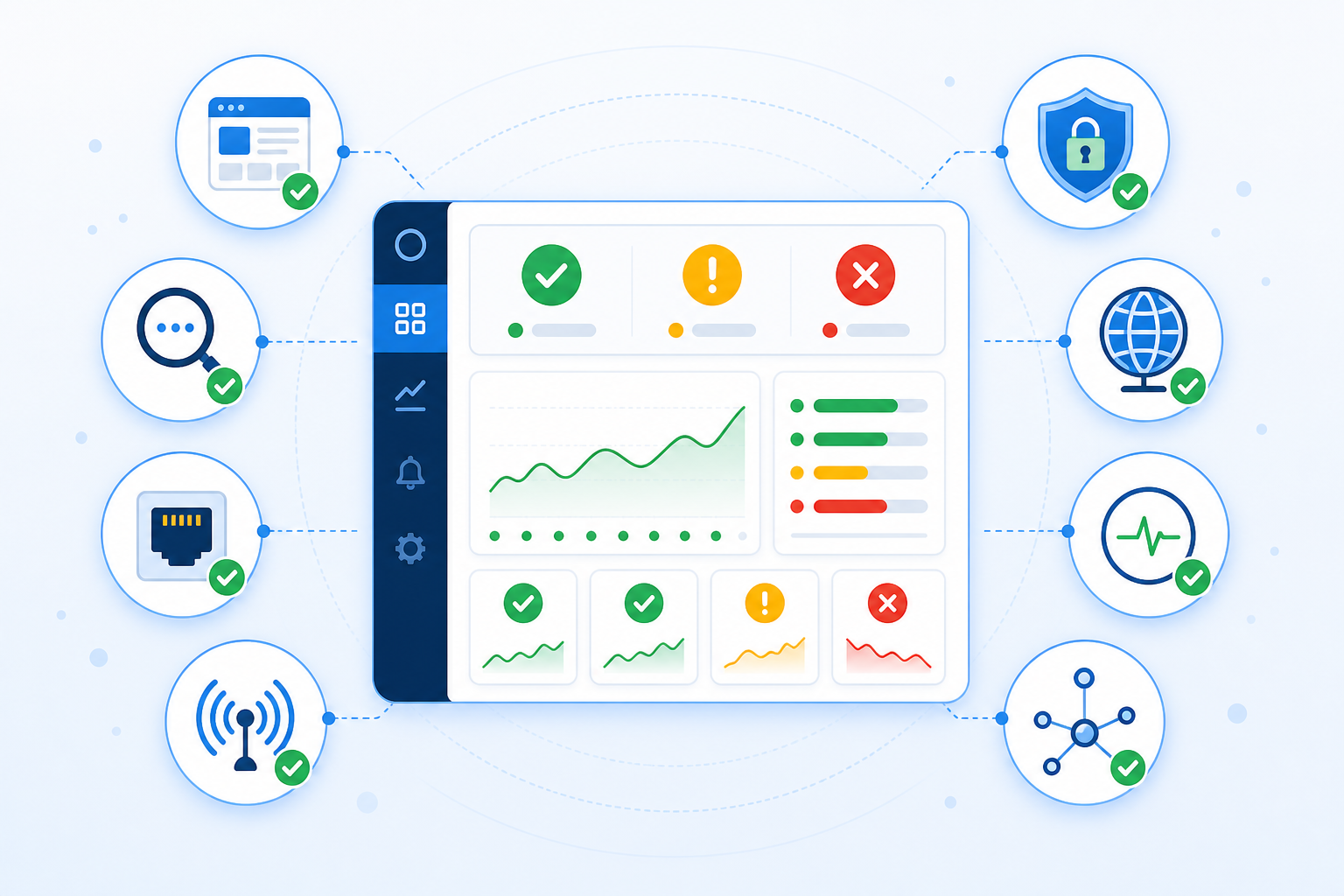 Illustration: A clean dashboard mockup showing eight monitor type icons (HTTP, keyword, port, ping, SSL, domain, cron/heartbeat, DNS) arranged around a central status overview, modern flat design, blue and white color scheme for Free vs. Paid Uptime Monitors: When Should Startups Upgrade?