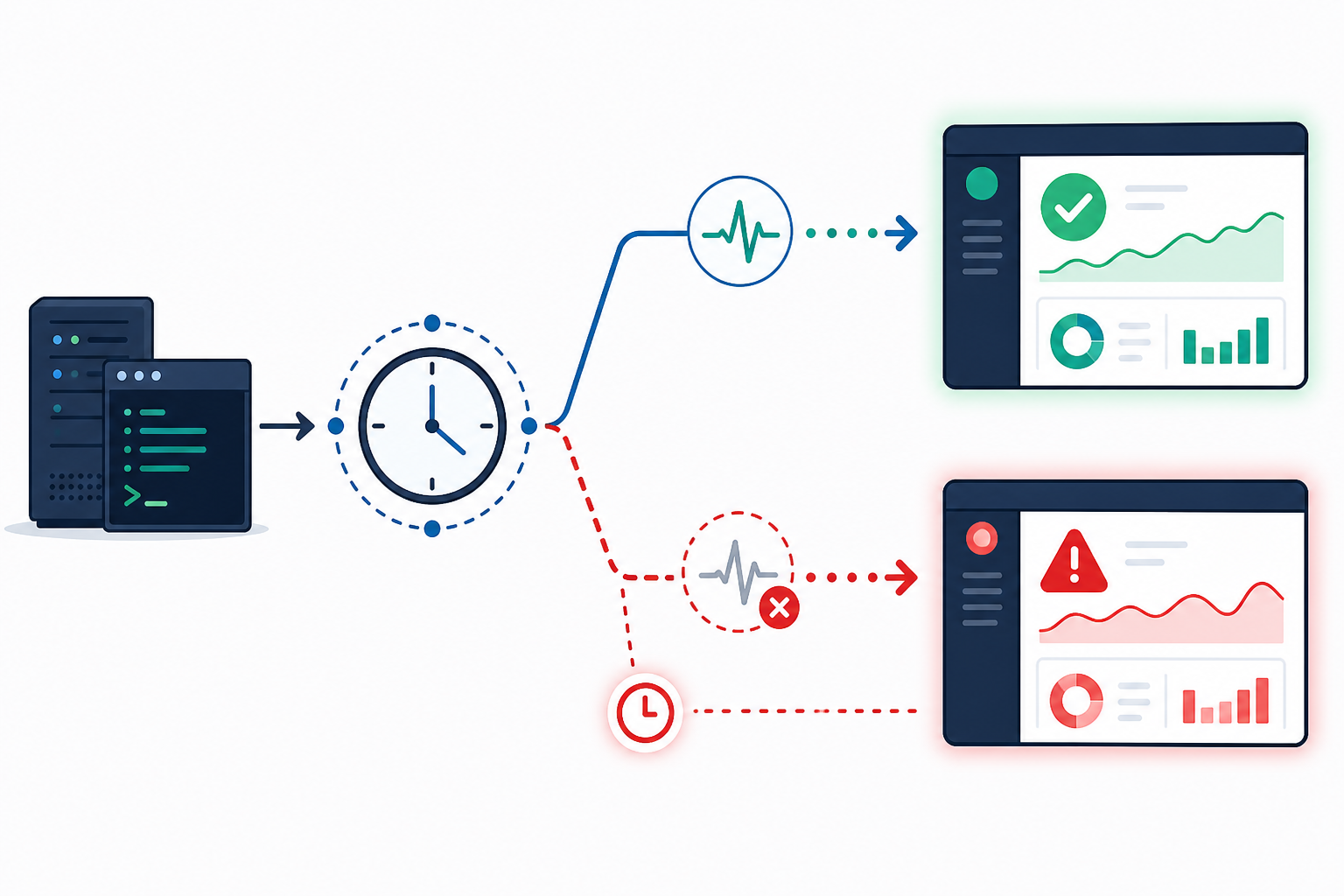 Diagram: A diagram showing a scheduled cron job sending a heartbeat ping to a monitoring dashboard, with a clock icon indicating expected timing and a red alert icon showing what happens when the ping doesn't arrive on time for From Cron to Confidence: A Failure-Proof Job Monitoring Workflow