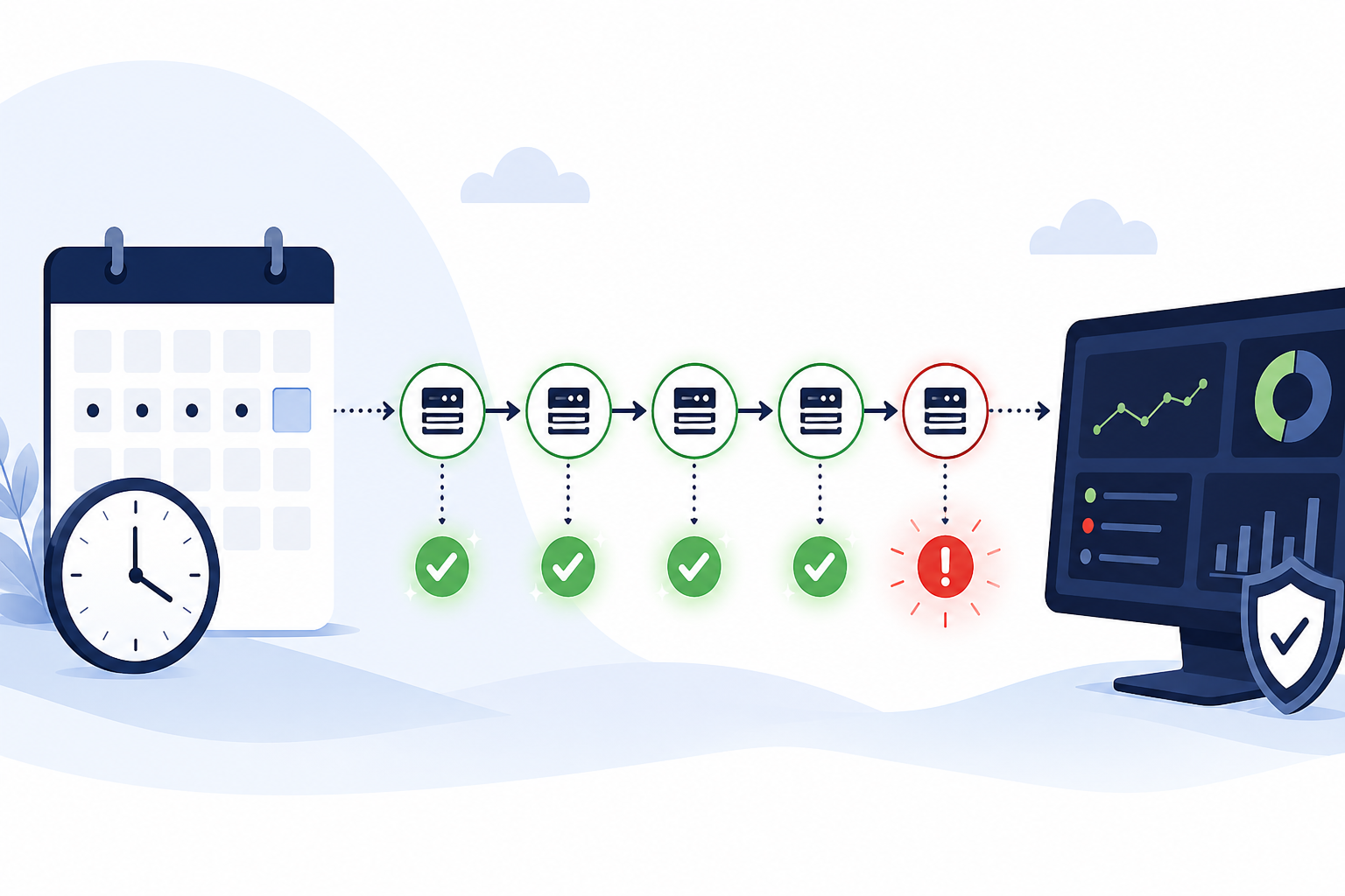 Illustration: A wide header illustration showing a calendar and clock with scheduled job icons, some glowing green for success and one flashing red for a missed run, clean modern flat design for From Cron to Confidence: A Failure-Proof Job Monitoring Workflow