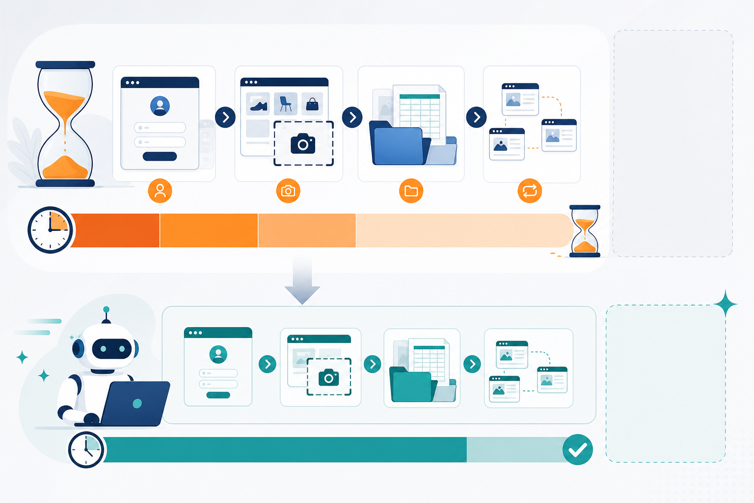 Illustration: A simple time-cost breakdown graphic showing hours spent per week on manual ad research tasks: logging in, screenshotting, organizing, repeating across platforms for From Guesswork to Data: Automating Competitor Ad Research