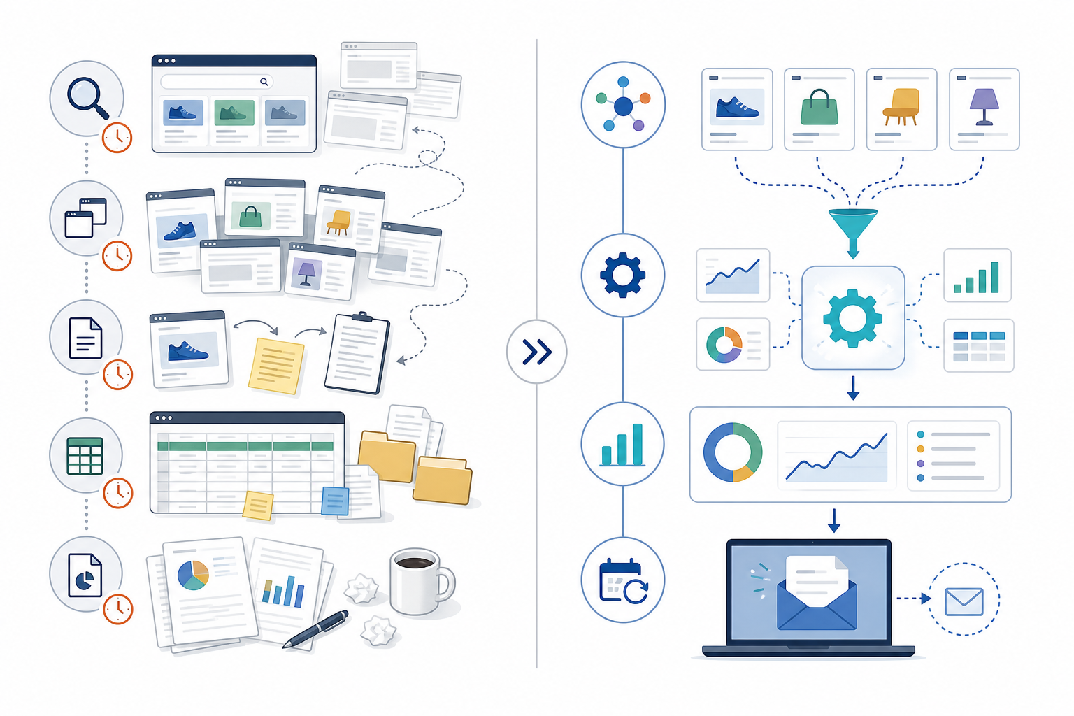 Comparison: Two-column comparison table graphic: Manual Workflow steps on the left with clock icons showing time per step, Automated Workflow steps on the right showing a streamlined weekly digest process for From Guesswork to Data: Automating Competitor Ad Research