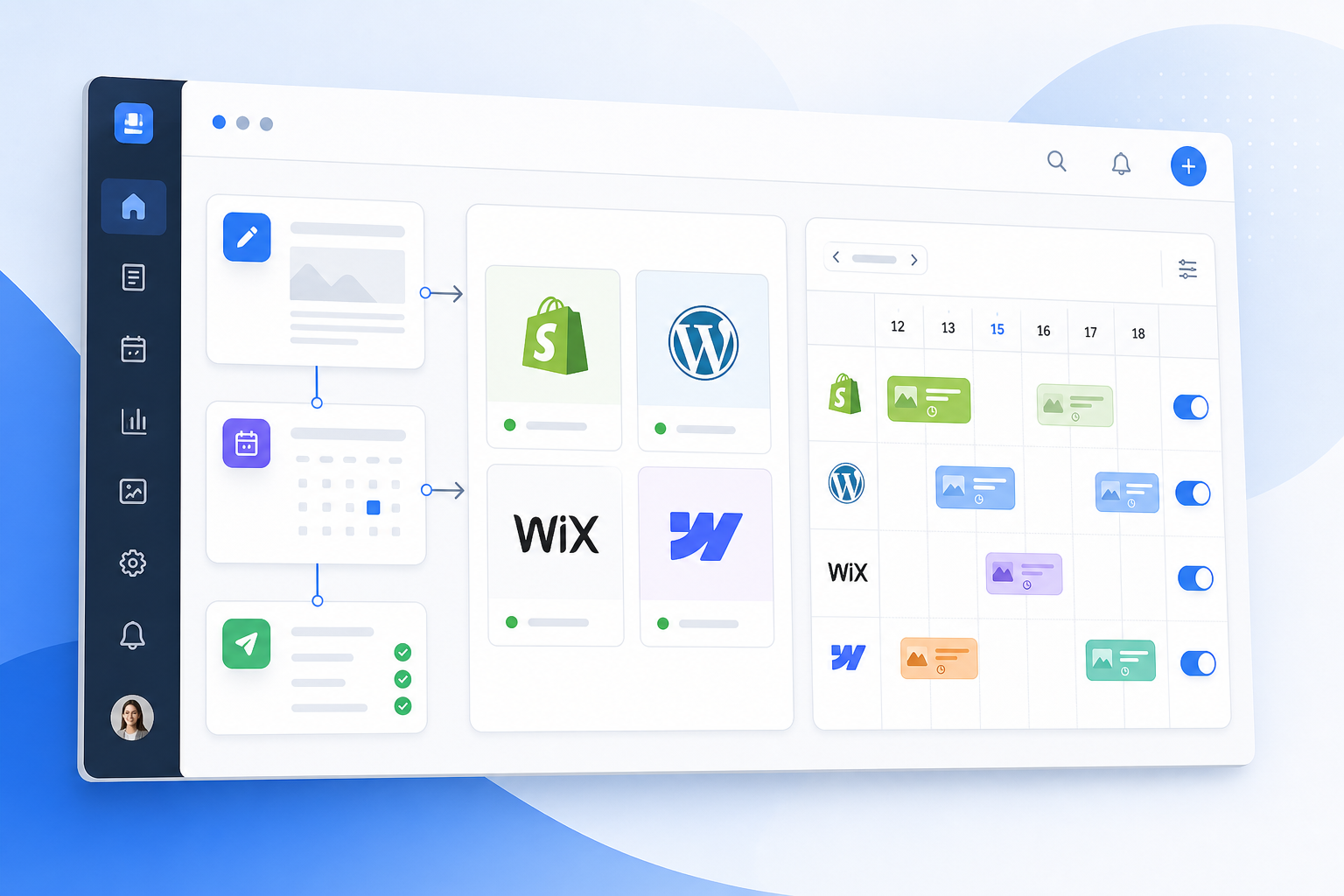 Illustration: A dashboard screenshot mockup showing one-click publishing integrations with logos for Shopify, WordPress, Wix, and Webflow, alongside a content calendar with auto-pilot scheduling toggles for From Idea to Published: A Faster Content Workflow