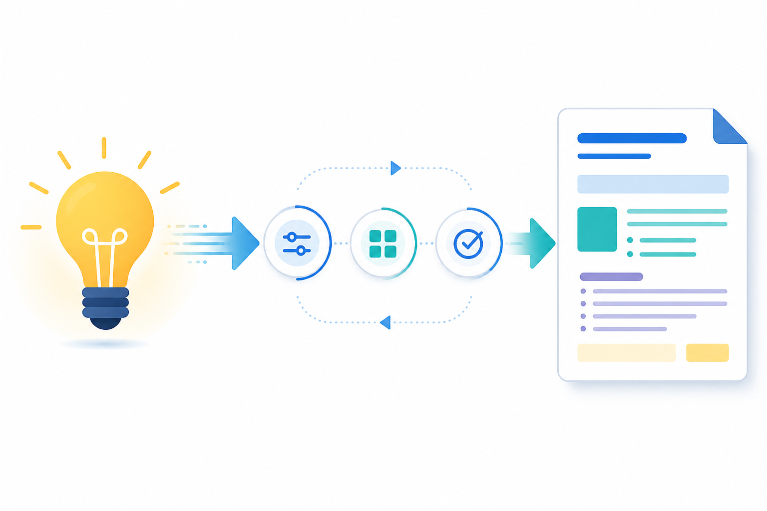 Diagram: A clean diagram showing a rough idea represented as a lightbulb icon transforming into a structured content brief document with headings and bullet points, arrows indicating the transformation process for From Idea to Published: A Faster Content Workflow