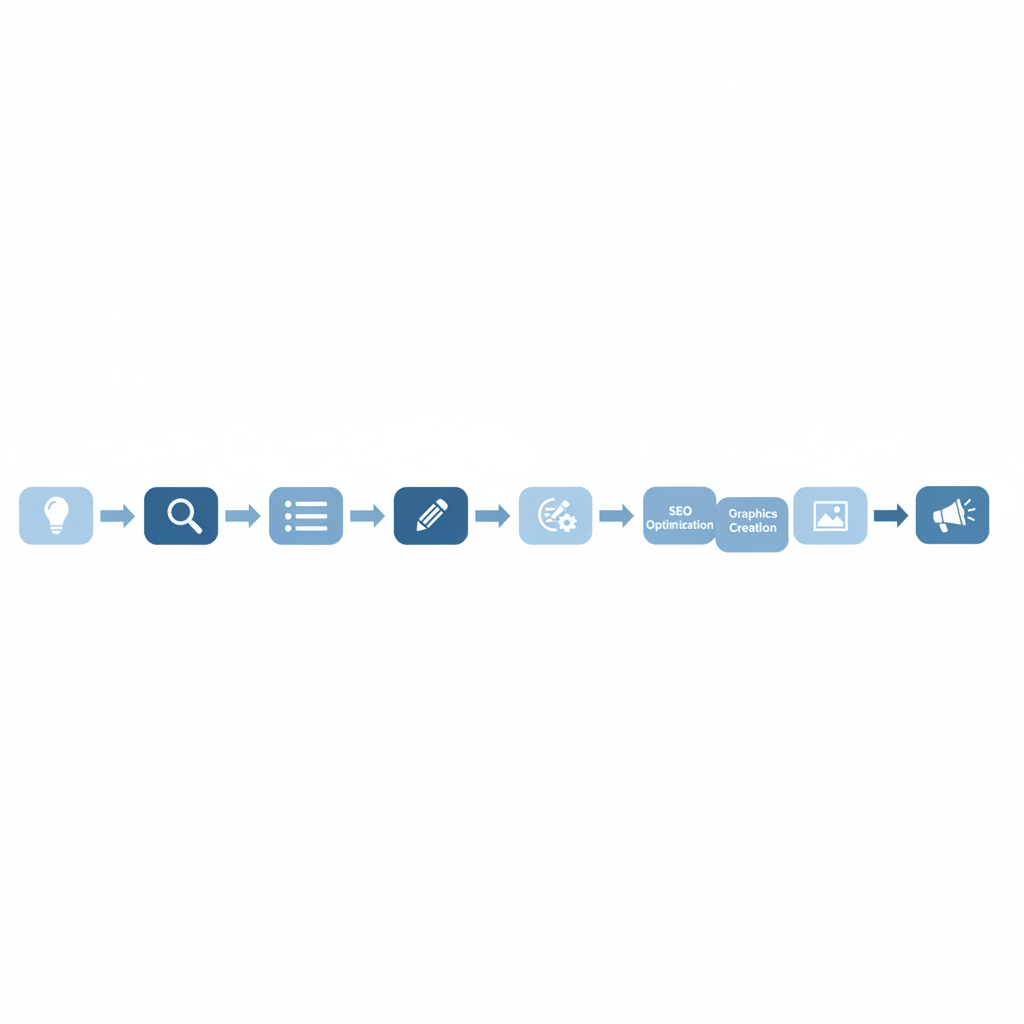 Chart: A simple flowchart diagram showing the typical content creation workflow stages: Idea → Research → Outline → Write → Edit → Optimize SEO → Create Images → Publish → Promote. Include time indicators showing where most hours are typically spent (research and writing highlighted). Clean, minimalist style with icons. for From Idea to Published: Streamline Your Content Workflow
