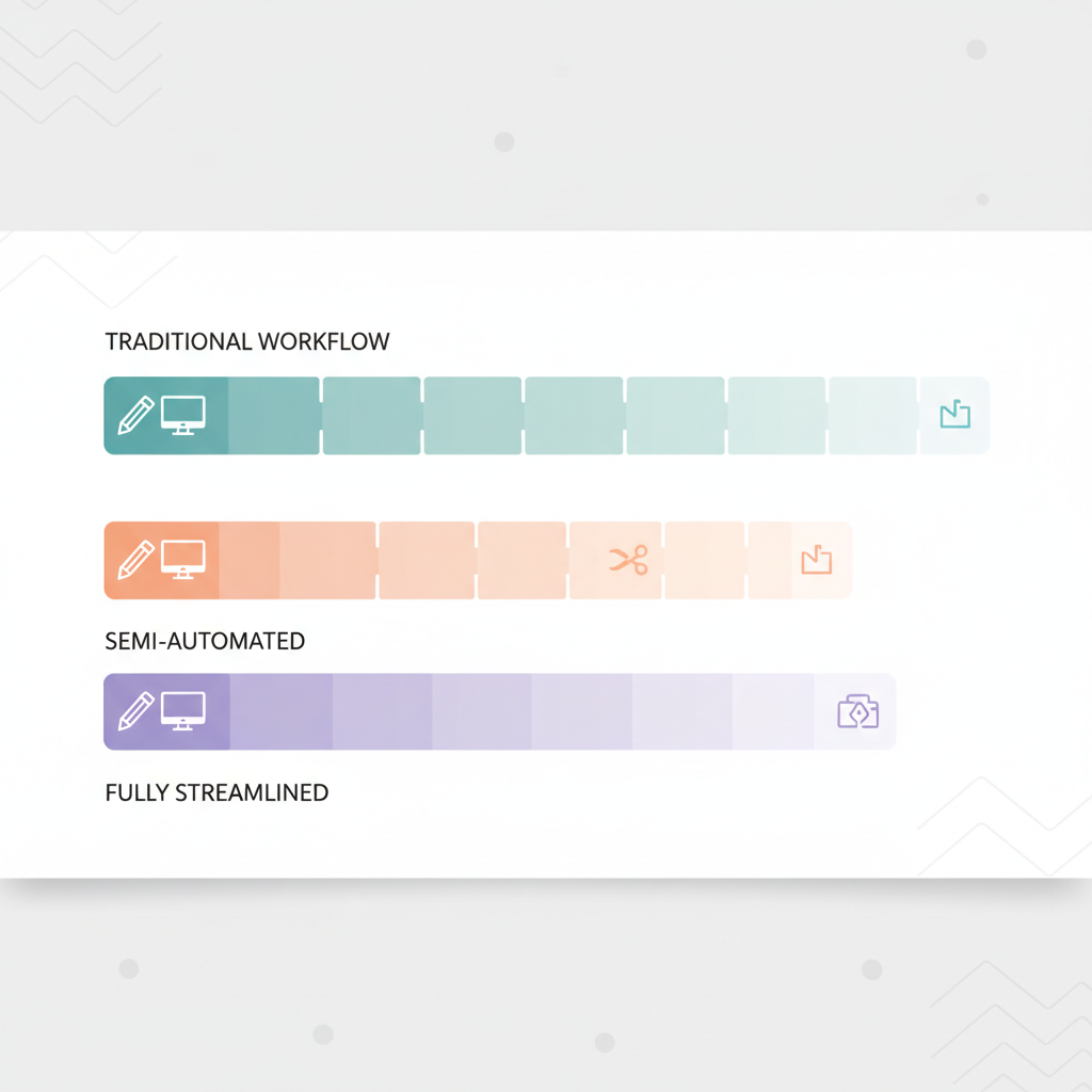 Infographic: A comparison infographic showing three horizontal timeline bars: Traditional workflow (4-6 hours, segmented by task), Semi-automated (1-2 hours), and Fully streamlined (30 minutes). Use contrasting colors to show the dramatic time difference. Include small icons for each major task phase. for From Idea to Published: Streamline Your Content Workflow