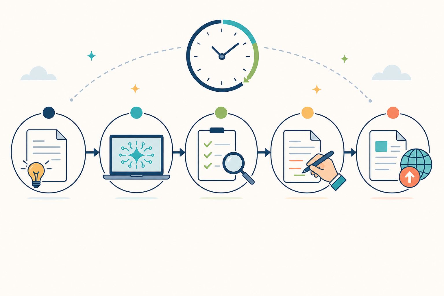 Diagram: A five-step numbered infographic showing the workflow: brief, AI draft generation, checklist review, personal edits, publish, with a clock showing roughly 30-45 minutes total. Alt text: Five-step diagram of an AI-assisted blog workflow from brief to publication with approximate time per step. for From Idea to Published: Streamlining Your Content Workflow
