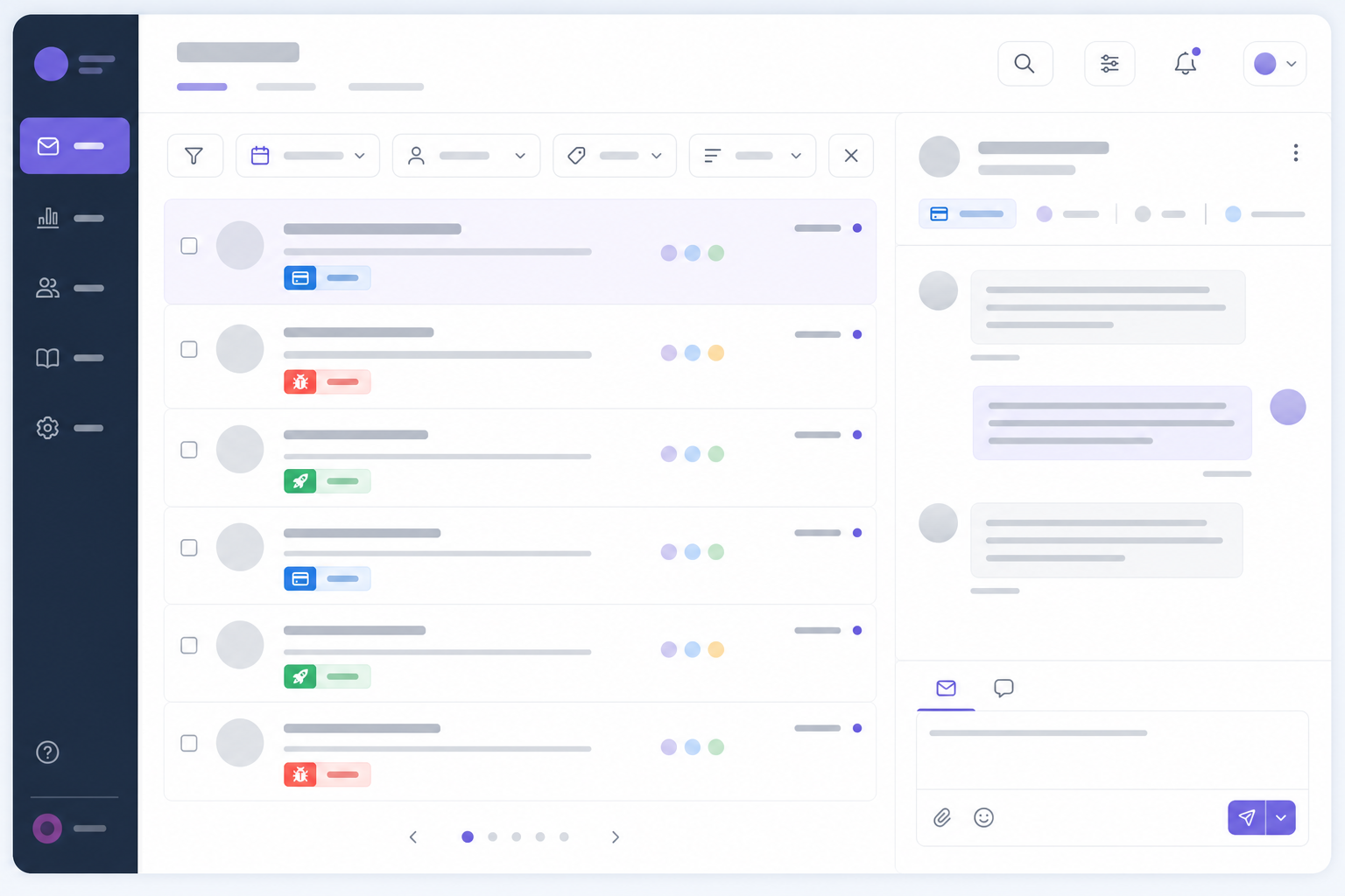 Illustration: Dashboard screenshot mockup showing colorful tags like billing, bug, and onboarding attached to sample conversations in a filtered view for From Sign-Up to Live Chat: A First 24 Hours Guide