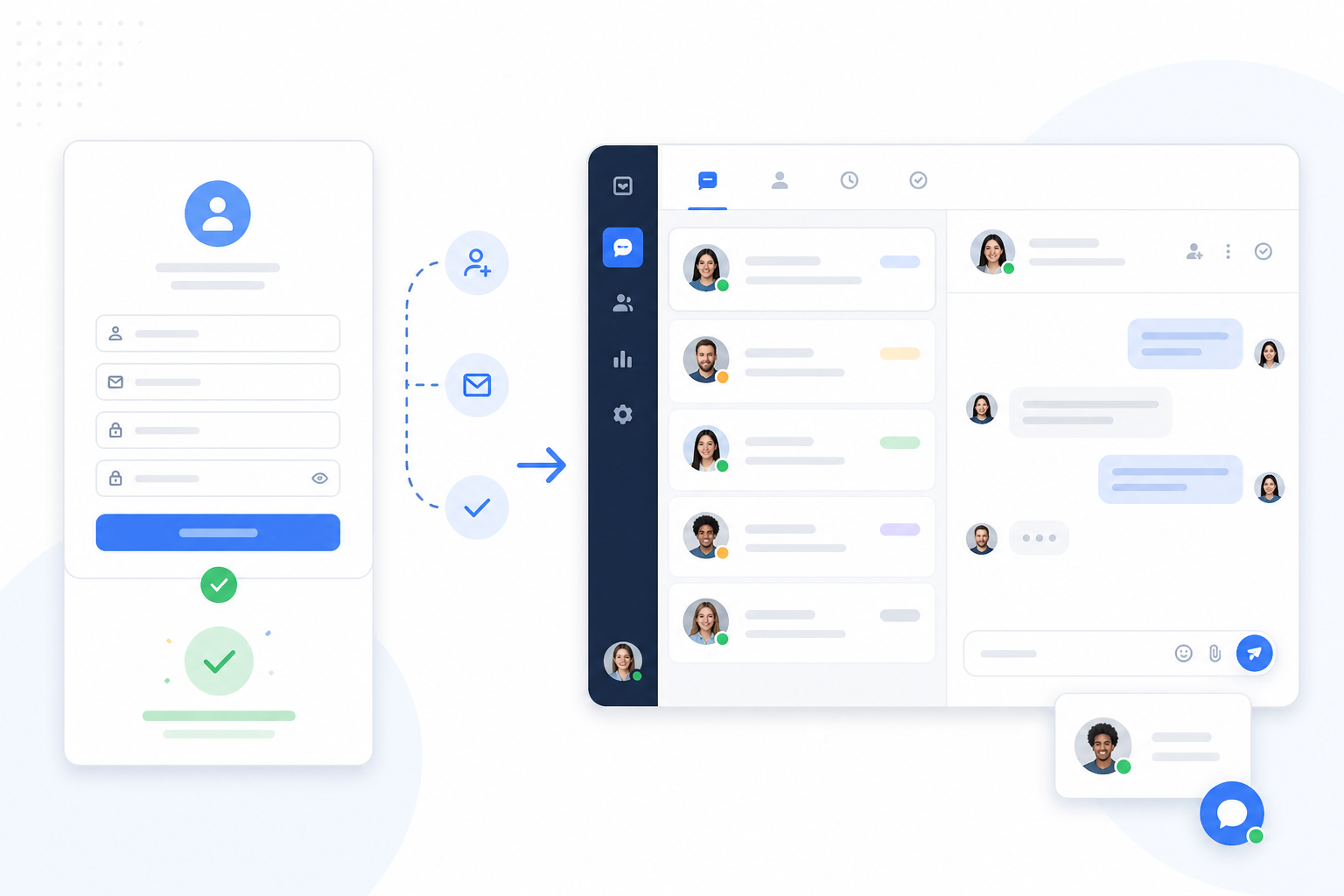 Illustration: style mockup of a simple sign-up form transitioning into a clean shared inbox dashboard, minimal UI, friendly SaaS design for From Sign-Up to Live Chat: A First 24 Hours Guide