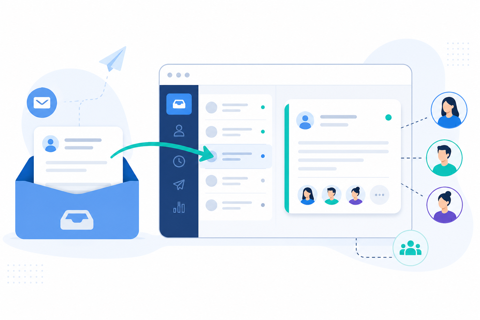 Diagram: Simple diagram showing an email arrow flowing from a support@ inbox into a shared inbox interface, labeled as a ticket for From Sign-Up to Live Chat: A First 24 Hours Guide