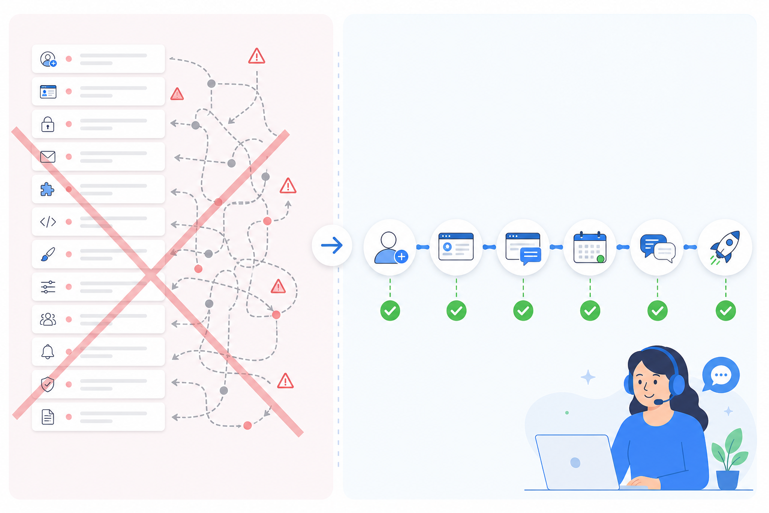 Comparison: Split comparison graphic showing a long complicated onboarding checklist crossed out next to a short simple 24-hour checklist for From Sign-Up to Live Chat: A First 24 Hours Guide
