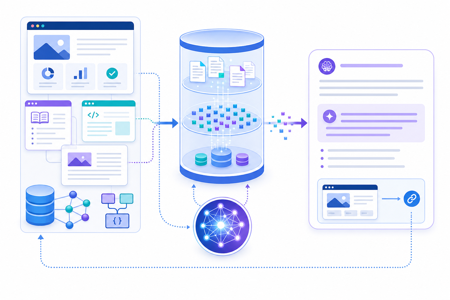 Diagram: A simple diagram showing the flow from website content and structured data into an LLM's retrieval layer, then out as a synthesized AI answer with a citation link back to the source brand for Generative Engine Optimization: The New Growth Channel for SaaS