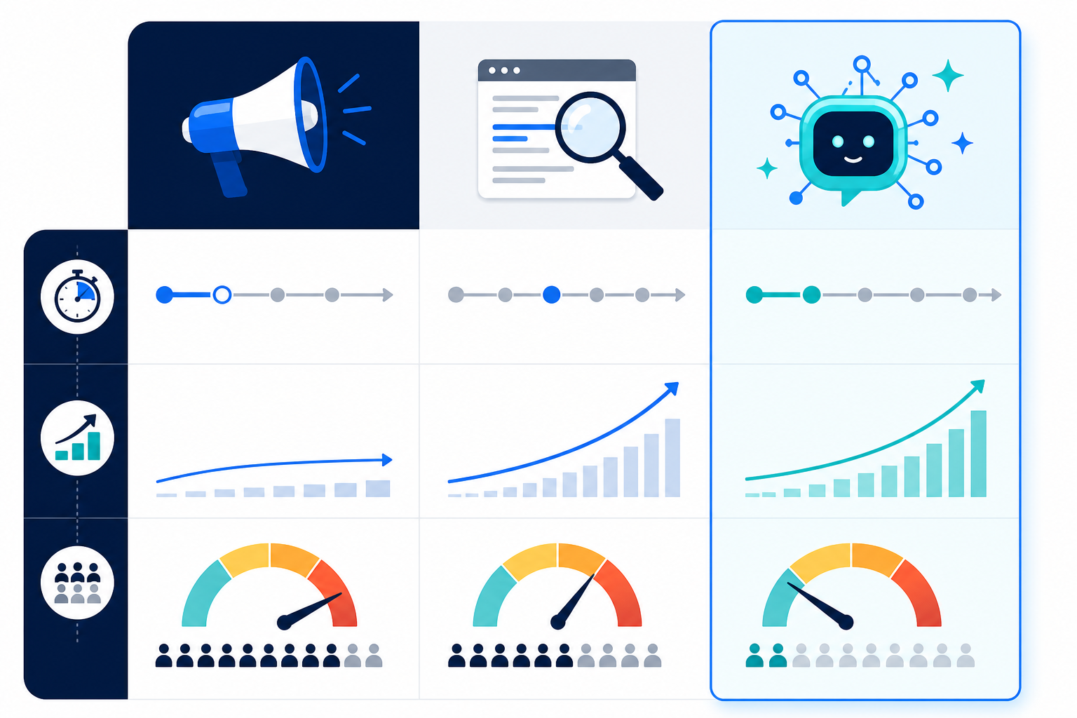 Comparison: A three-column comparison table graphic contrasting Paid Ads, Traditional SEO, and Generative Engine Optimization across speed, compounding effect, and current competitive saturation for Generative Engine Optimization: The New Growth Channel for SaaS