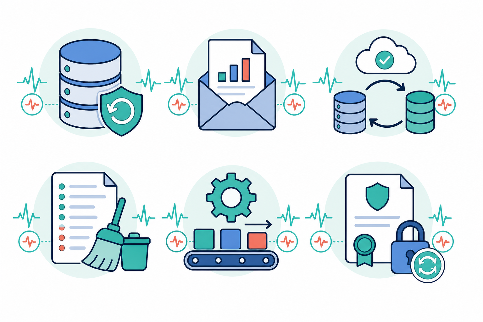 Infographic: Infographic with six icons representing common scheduled jobs: database backup, email report, data sync, log cleanup, queue worker, and SSL certificate renewal, arranged in a grid with short labels for Heartbeat Monitoring Explained: Catching Silent Job Failures Fast