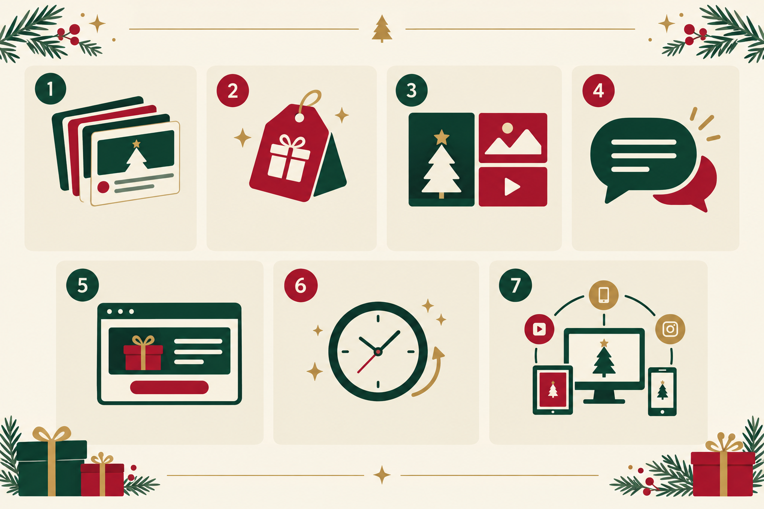 Infographic: Infographic checklist of seven things to track in competitor ads in Q4: ad volume, offer structure, creative formats, copy angles, landing pages, longest-running ads and cross-platform presence, with simple icons and a cohesive festive colour scheme for Holiday Ad Strategy: What DTC Brands Learn From Rivals