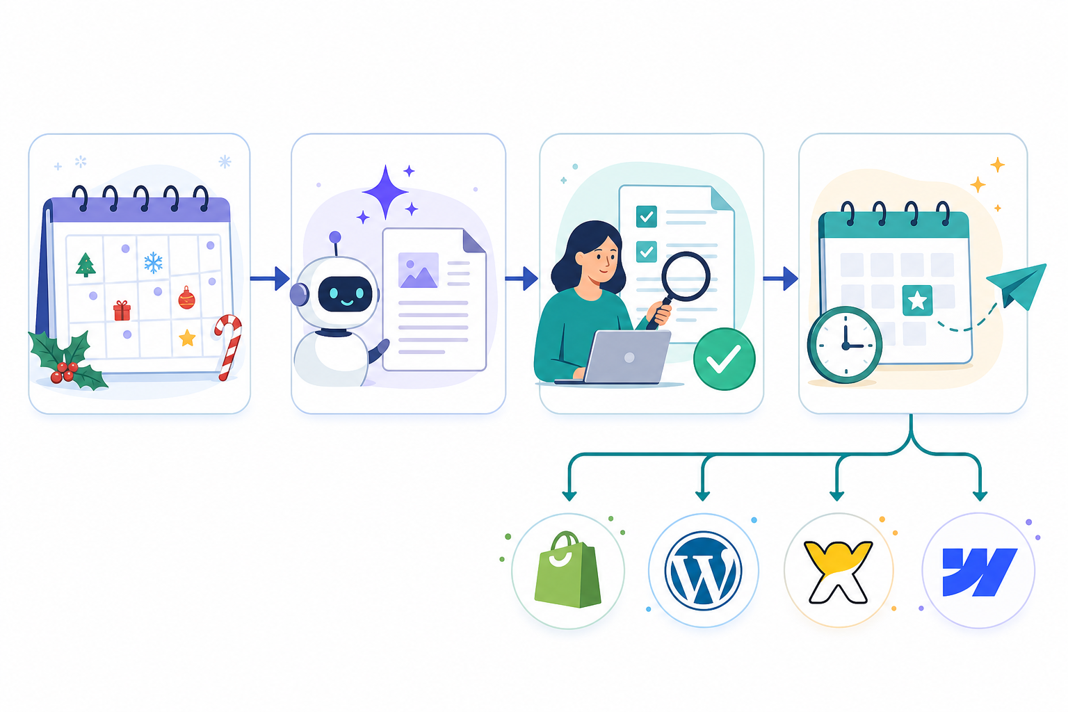 Diagram: A simple diagram showing the automated content workflow: calendar planning, AI draft generation, human review and fact-check, then scheduled publishing across Shopify, WordPress, Wix and Webflow icons, in a clean modern SaaS style. Alt text: "Workflow diagram from content calendar through AI drafting, human review, and scheduled publishing. for Holiday Content Planning: How to Stay Ahead With Automation