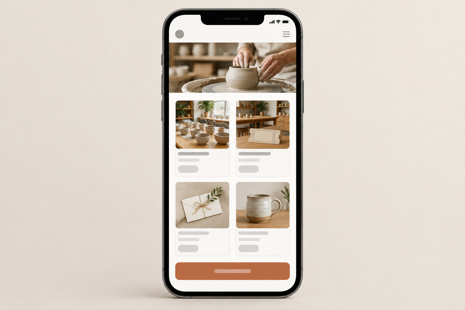 Illustration: style mockup of a mobile Shopstar page for a studio showing a bookable class, a workshop ticket, a gift voucher and a product, with a single checkout button for How a Local Studio Grew Sales With One Simple Page