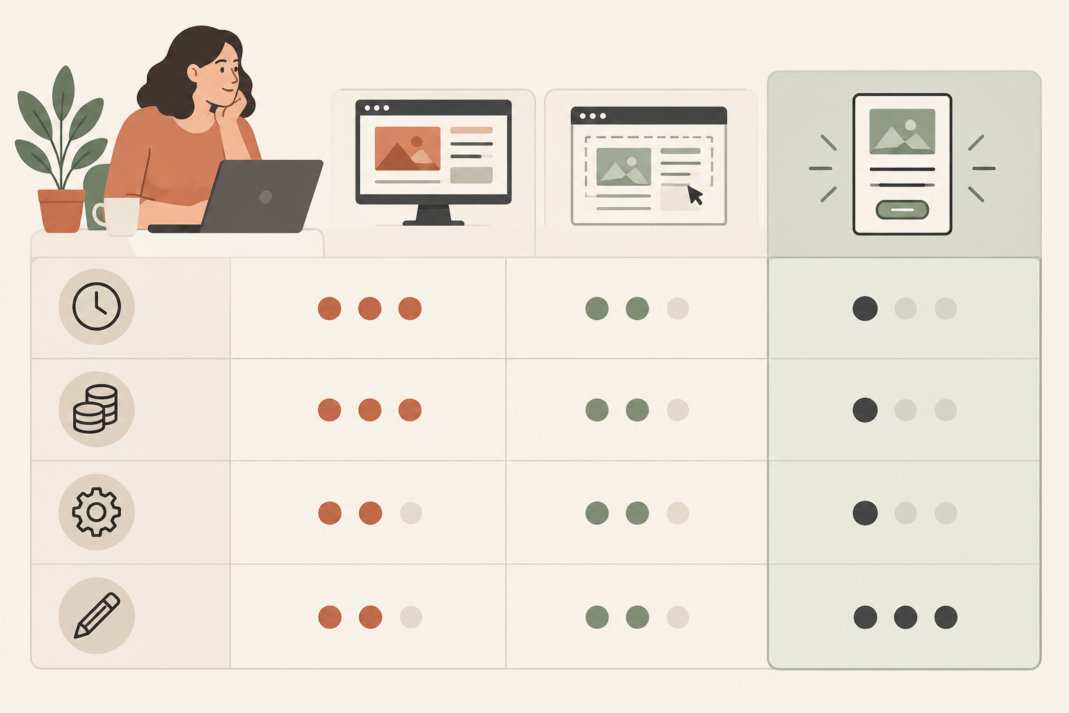 Comparison: Clean comparison table graphic comparing a custom website build, a DIY website and a single sales page on setup time, upfront cost in rand, ongoing upkeep and ease of editing, using a warm modern colour palette for How a Local Studio Grew Sales With One Simple Page