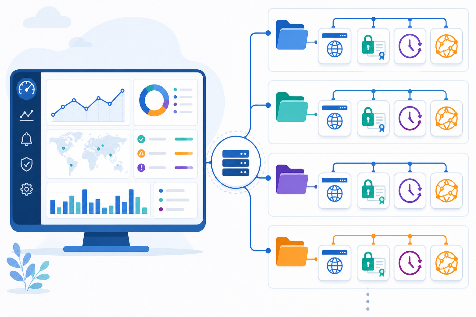 Chart: A flowchart diagram showing how monitors are tagged and grouped by client name, with branches for HTTP, SSL, cron, and DNS monitor types under each client folder for How Agencies Can Centralize Monitoring for Dozens of Client Sites