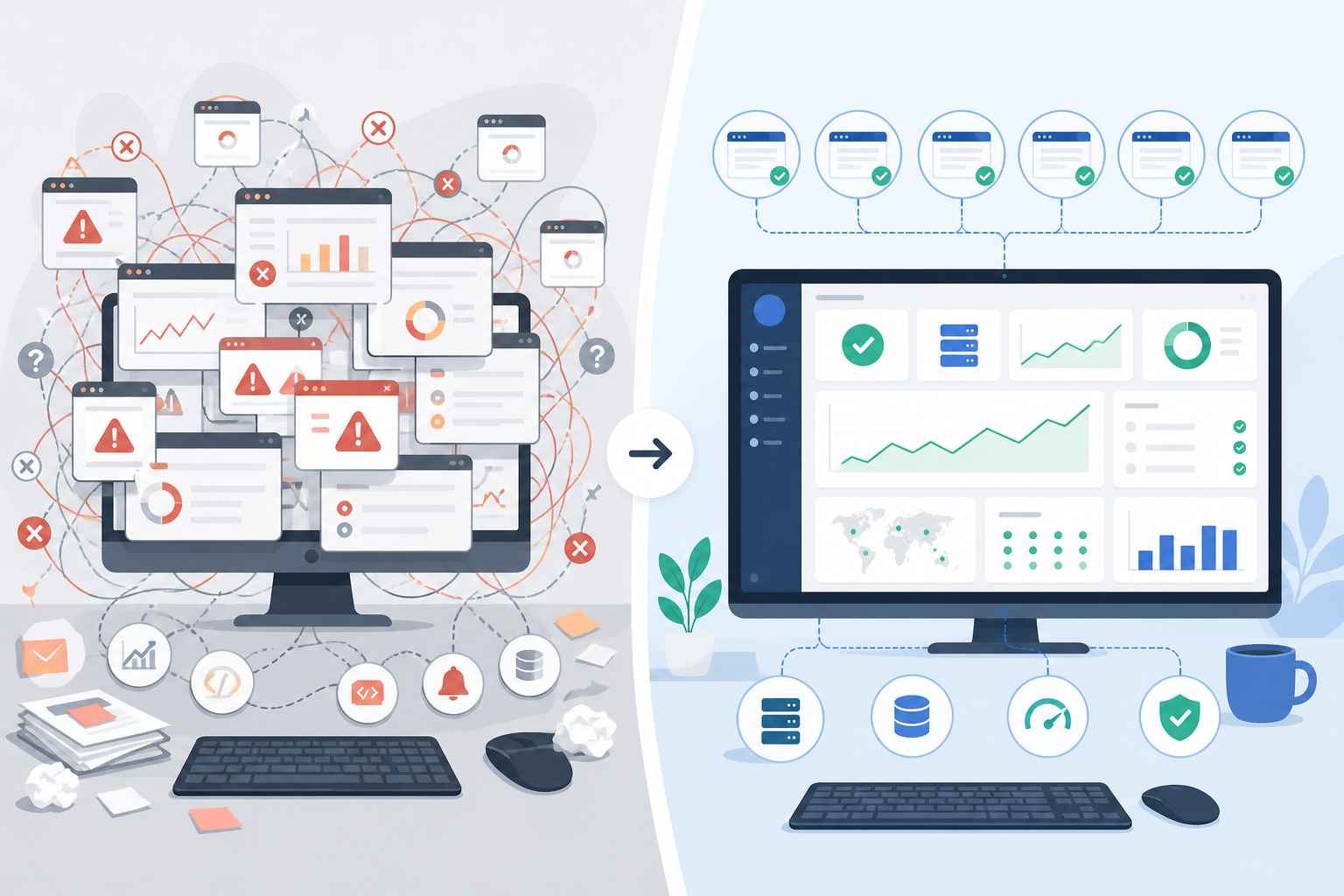 Comparison: A split-screen comparison illustration showing a chaotic desktop with multiple browser tabs and tools on one side versus a single clean unified dashboard on the other side for How Agencies Can Centralize Monitoring for Dozens of Client Sites