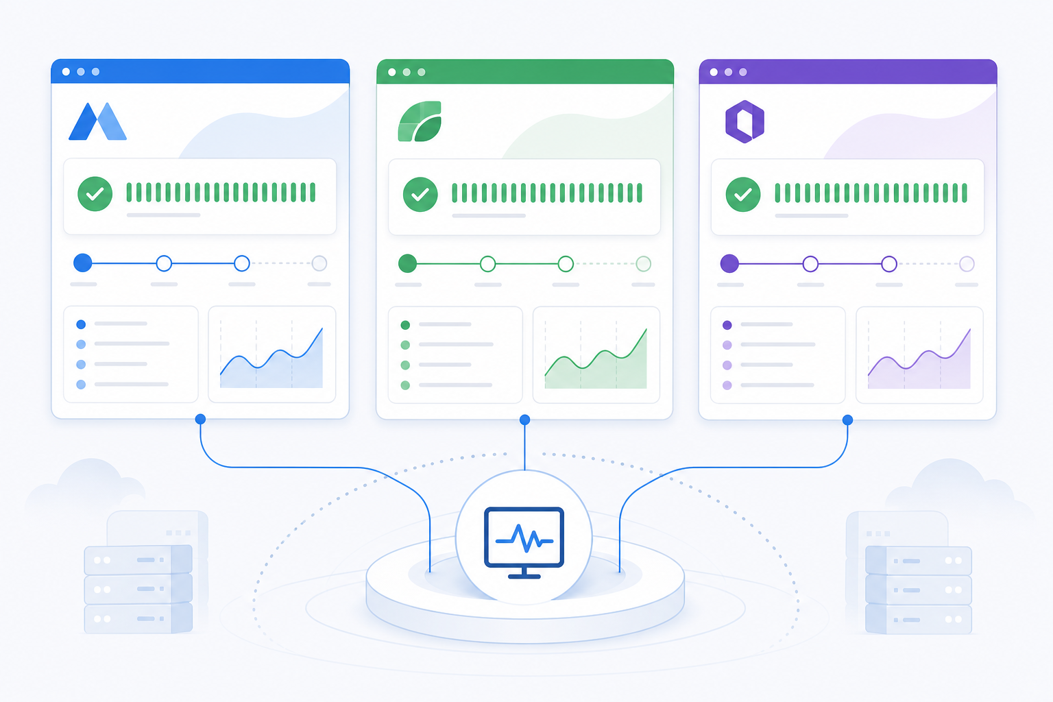 Illustration: Three side-by-side browser windows showing different branded status pages with different logos and color schemes but the same underlying uptime data structure for How Agencies Can Centralize Monitoring for Every Client