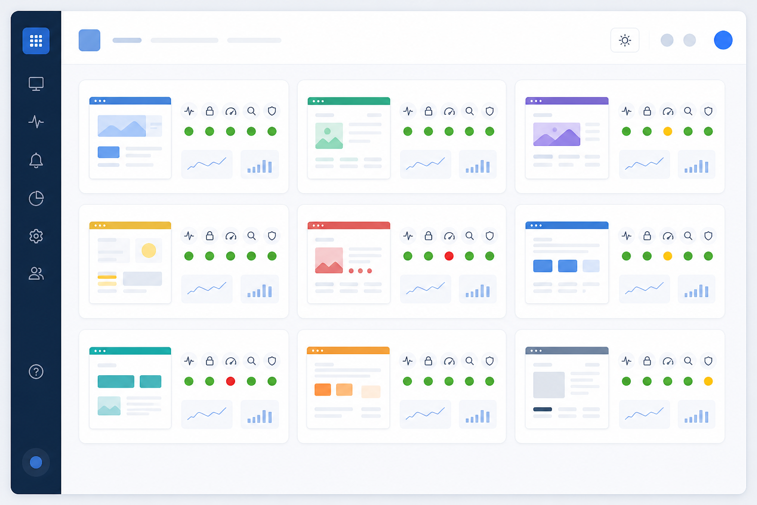 Illustration: A clean single dashboard interface showing multiple client sites organized in a grid, with status indicators (green/yellow/red), monitor types labeled clearly for How Agencies Can Centralize Monitoring for Every Client