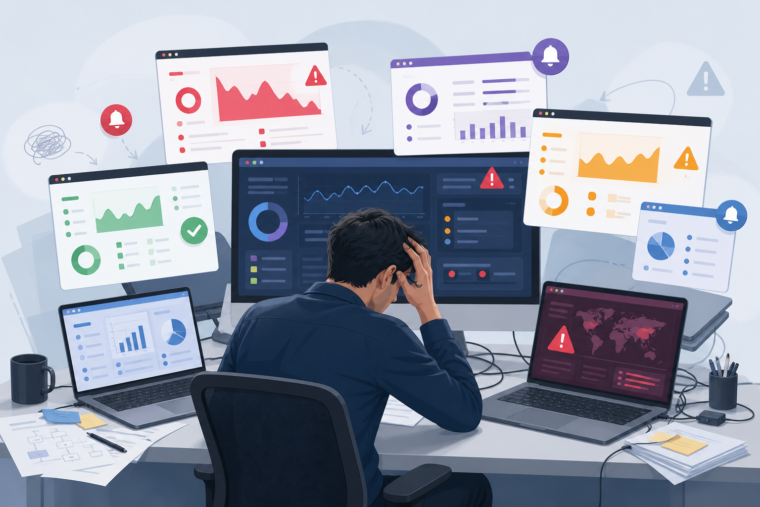 Illustration: A frustrated person surrounded by multiple laptop screens and browser tabs, each showing a different monitoring tool, visual chaos and clutter, illustrating fragmented workflow for How Agencies Can Centralize Monitoring for Every Client