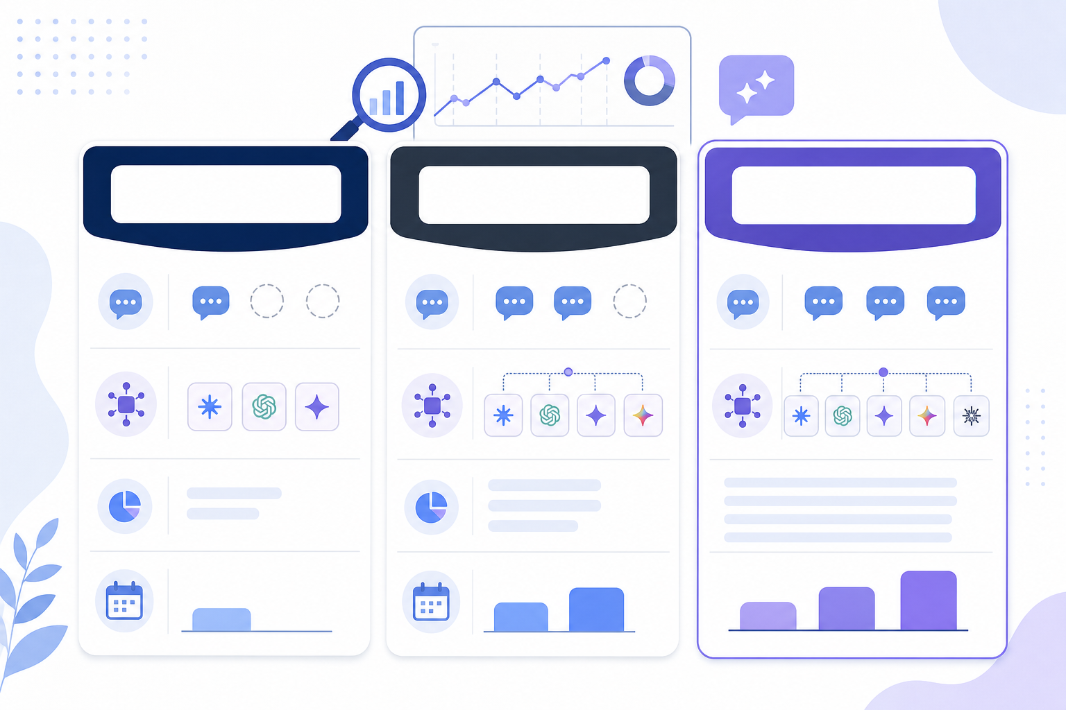 Comparison: A simple pricing tier comparison graphic showing Starter, Growth and Enterprise columns with prompt count, platform coverage and monthly price, styled to match a SaaS pricing page for How Agencies Can Monitor Client Brand Mentions Across AI