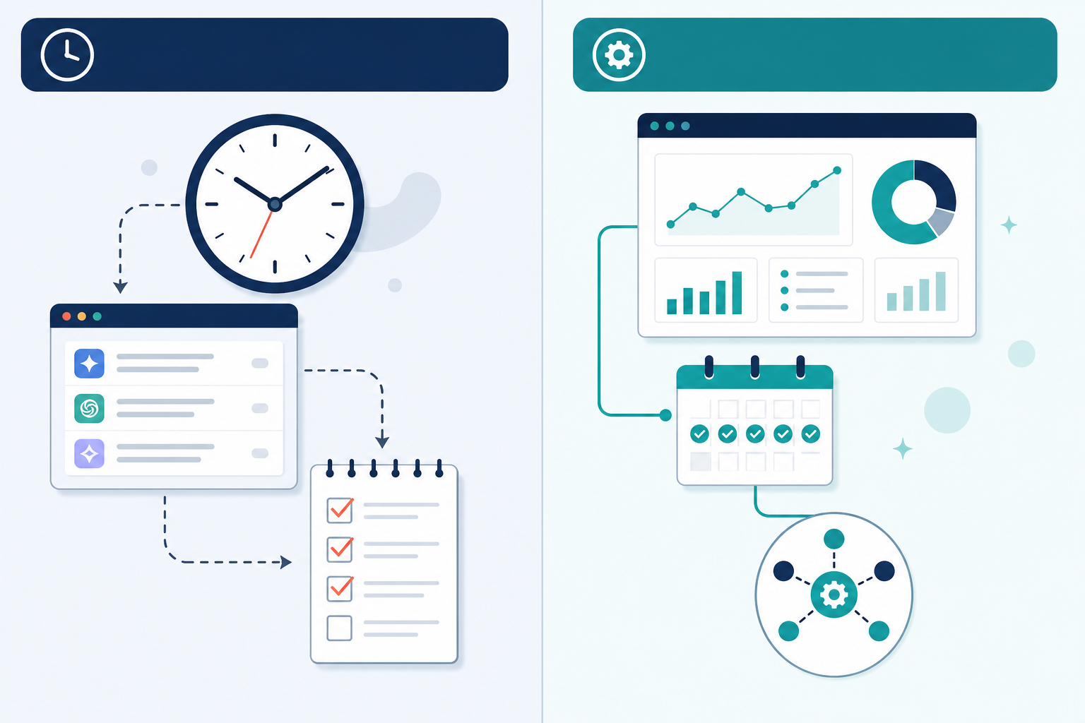 Infographic: A side-by-side comparison table graphic contrasting 'Manual Monitoring' (clock icon, screenshot icon, notepad icon) against 'Automated Monitoring' (dashboard icon, calendar/daily icon, API icon), clean minimal business infographic style for How Agencies Can Monitor Client Brand Mentions Across AI