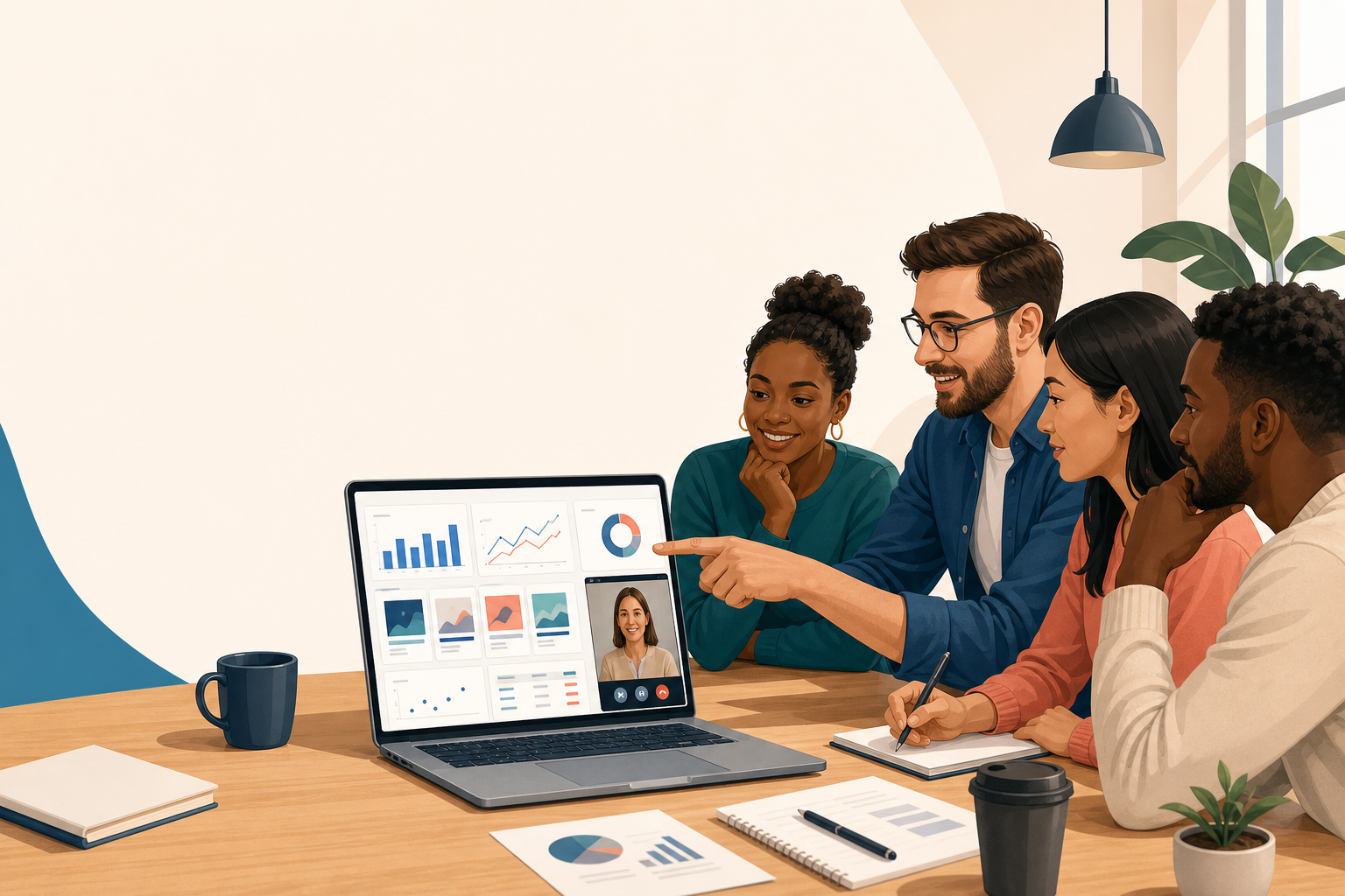 Illustration: Header graphic showing an agency team reviewing a competitor ad dashboard on a laptop during a client call, warm modern illustration style, alt text: agency team presenting competitive intelligence dashboard to a client for How Agencies Can Pitch Competitive Intelligence as a Service