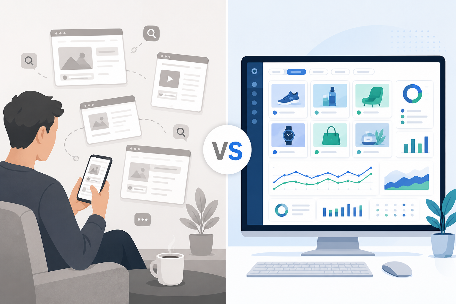 Comparison: Split-screen comparison graphic showing 'manual competitor checking' (a person scrolling a phone) versus 'structured ad monitoring' (a clean dashboard with organized ad cards), minimal flat illustration style, alt text: comparison of manual competitor checking versus structured ad monitoring dashboard for How Agencies Can Pitch Competitive Intelligence as a Service