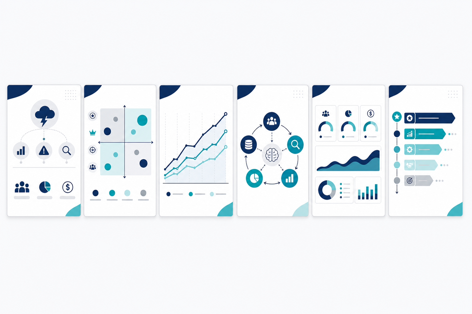 Chart: A mockup of six pitch deck slide thumbnails arranged in a horizontal filmstrip layout, each showing a simplified slide title and placeholder chart or dashboard graphic, professional presentation design style, alt text: six-slide competitive intelligence pitch deck outline thumbnails for How Agencies Can Pitch Competitive Intelligence as a Service
