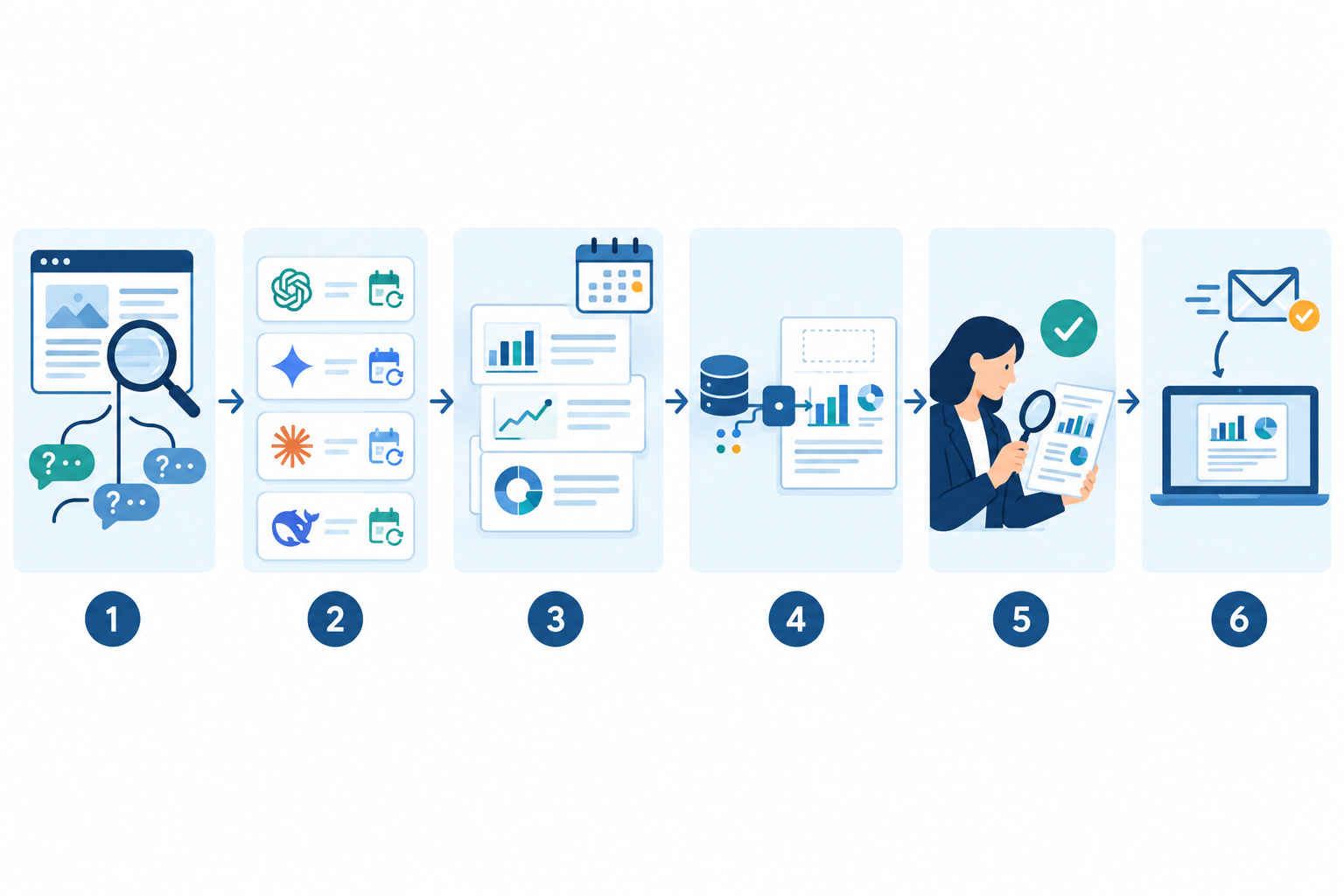 Diagram: Workflow diagram showing the monthly reporting pipeline: site crawl and question generation, daily AI platform runs, weekly digest, API export to branded template, human review, automated client delivery for How Agencies Can White-Label AI Visibility Reporting
