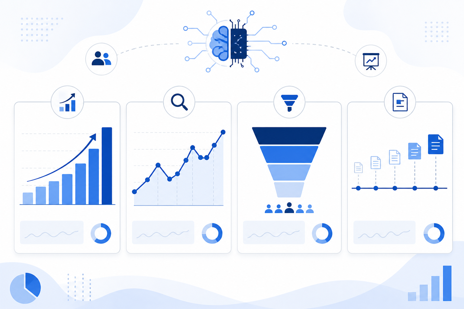 Chart: A simple bar and line chart infographic showing four key content marketing metrics side by side: organic traffic growth, keyword ranking movement, conversion-assisted sessions, and content velocity, in a clean minimal design with a blue and white colour palette for How Agencies Report Content ROI to Clients With AI Tools
